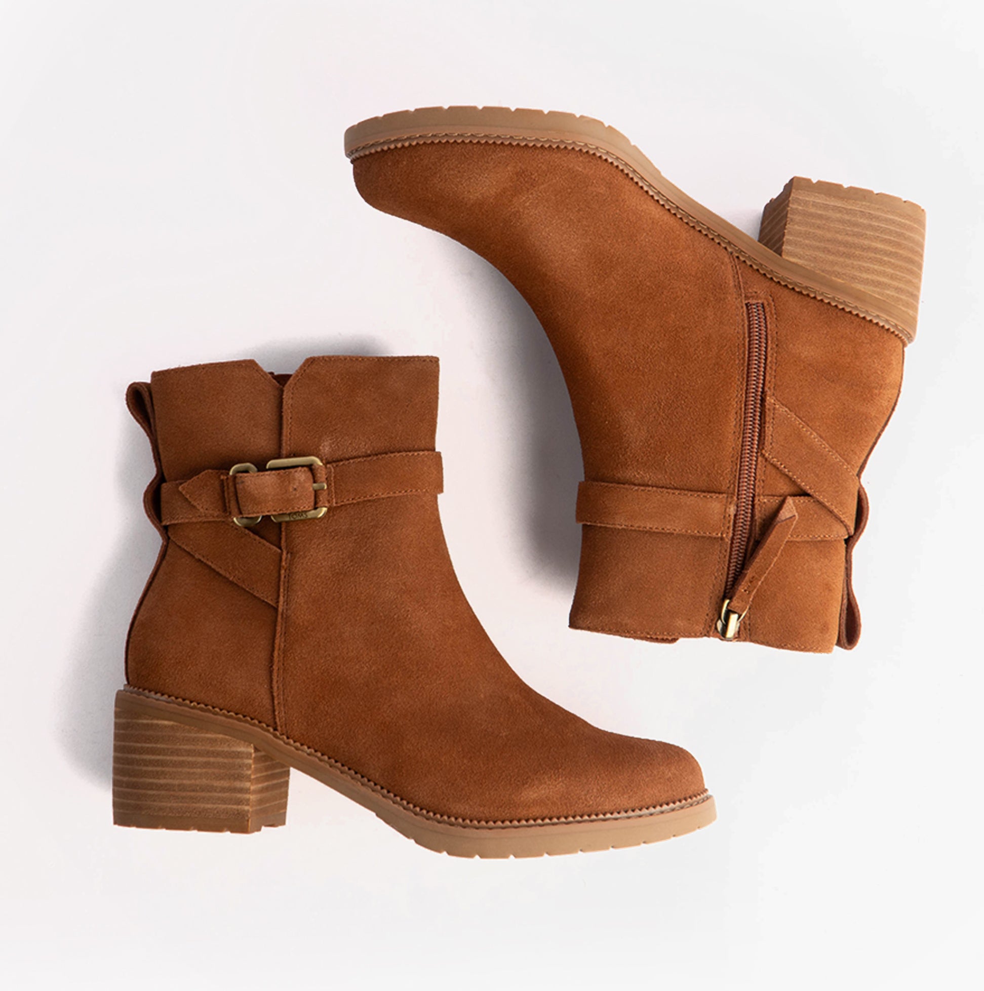 TOMS HAILEY BUCKLE Womens Ankle Boots Brown top view showcasing zip closure and buckle detail.