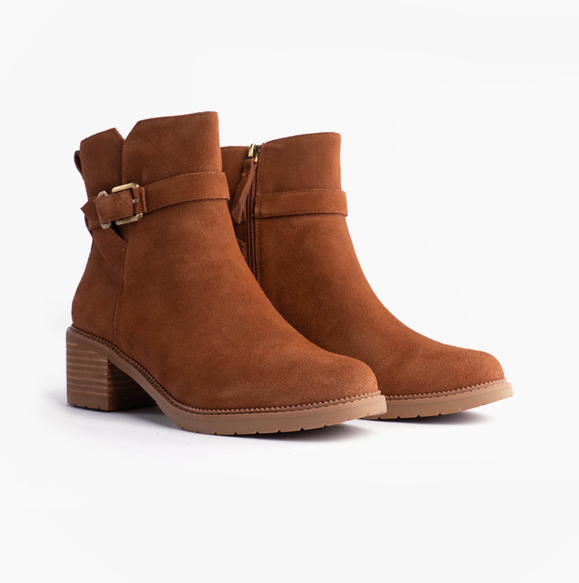 TOMS HAILEY BUCKLE Womens Ankle Boots Brown side view showcasing synthetic upper, zip closure, and block heel design.
