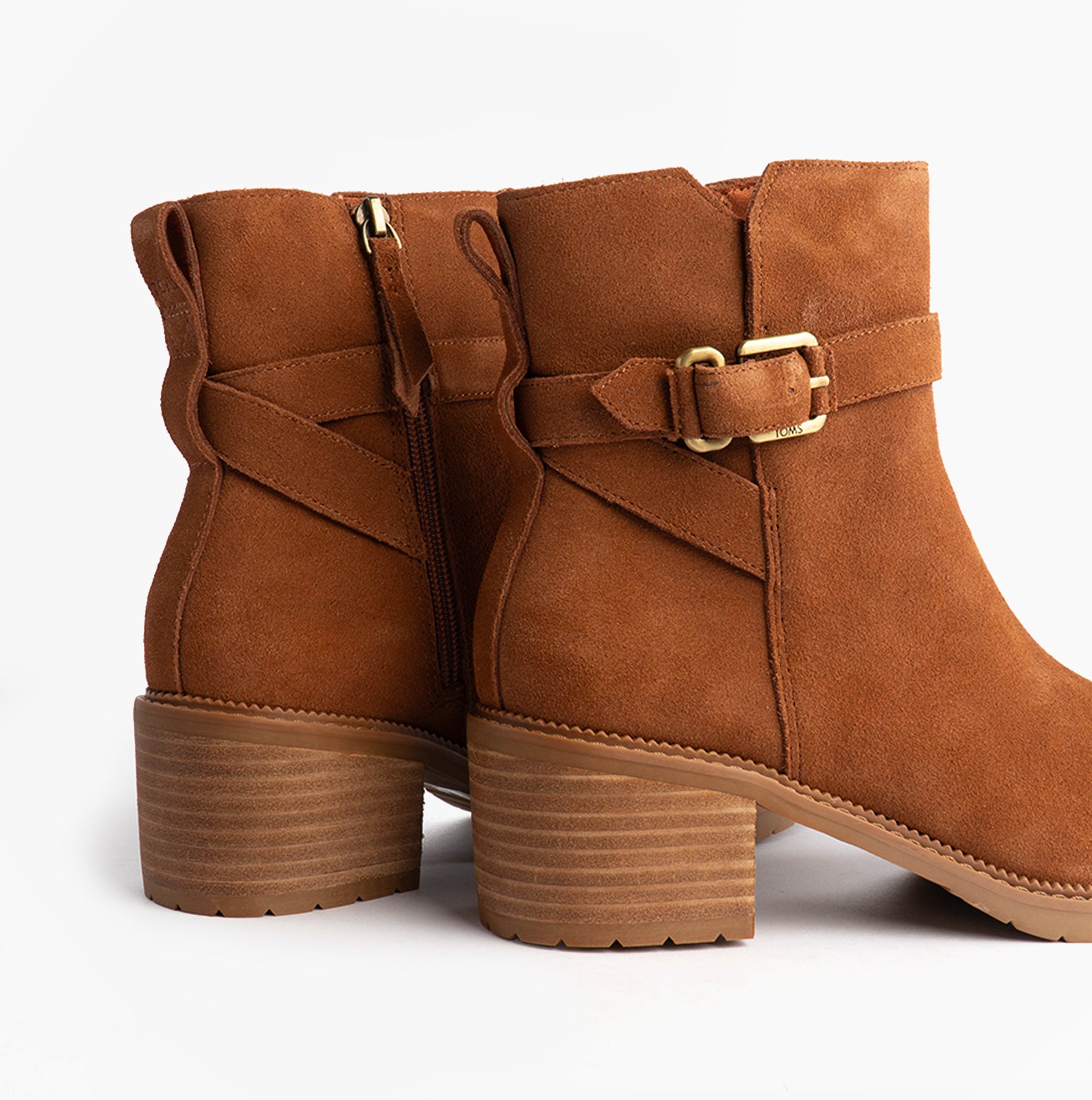 TOMS HAILEY BUCKLE Womens Ankle Boots Brown rear view showcasing zip closure and buckle detail.