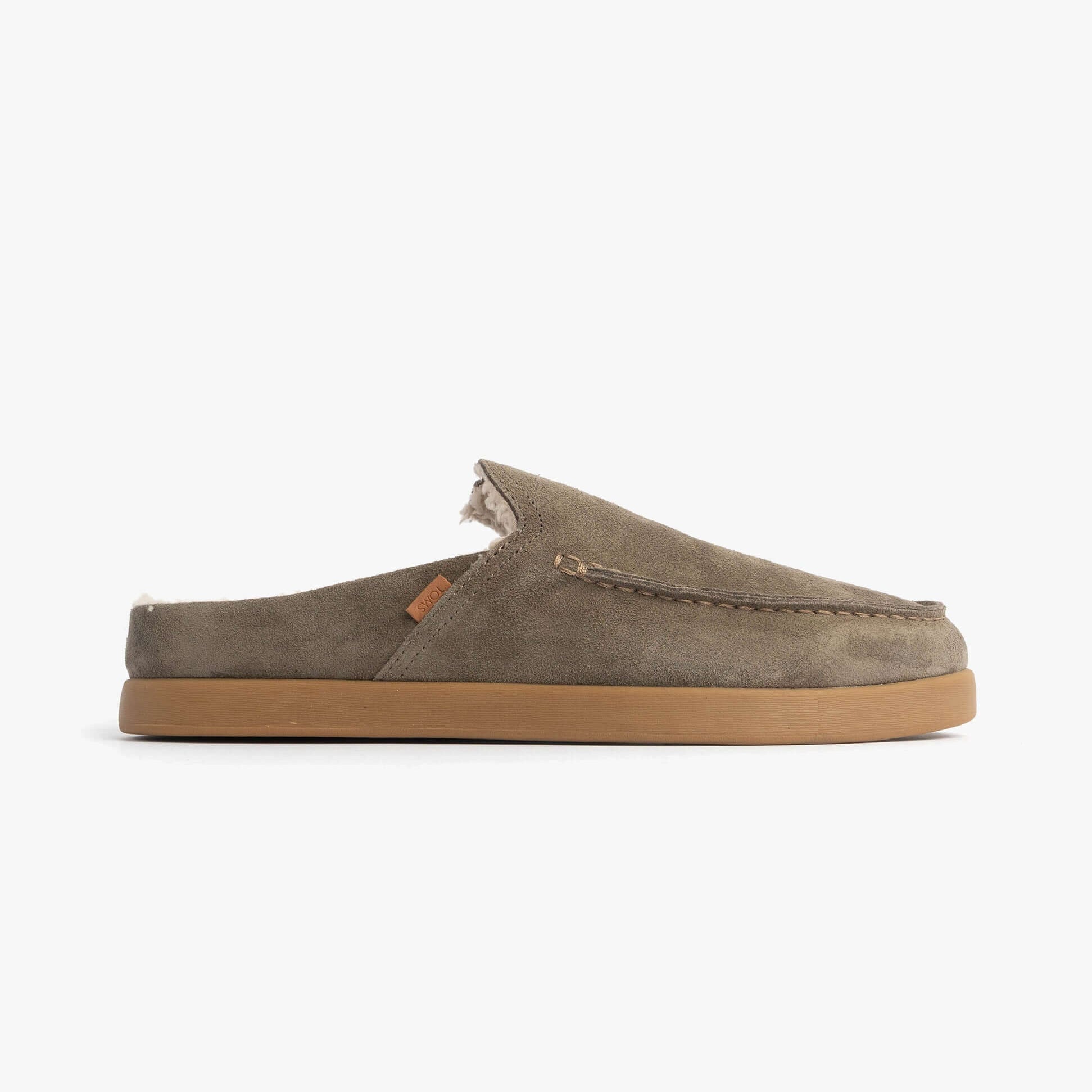 TOMS ALONSO MULE Mens Faux Shearling Lined Slippers Olive side view showing suede upper and slip-on design.