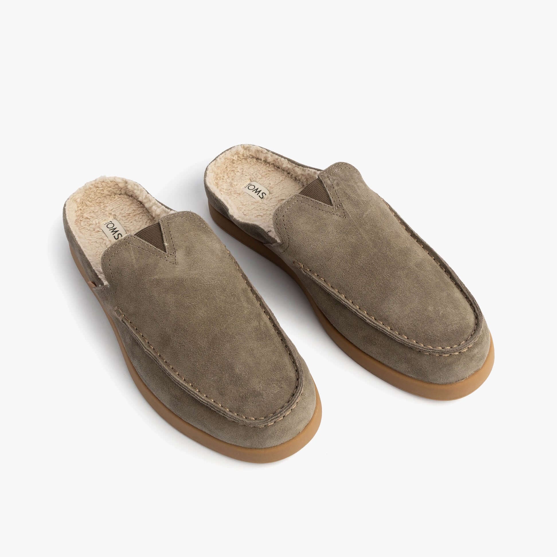 TOMS ALONSO MULE Mens Faux Shearling Lined Slippers Olive top view with soft shearling lining and suede leather upper.