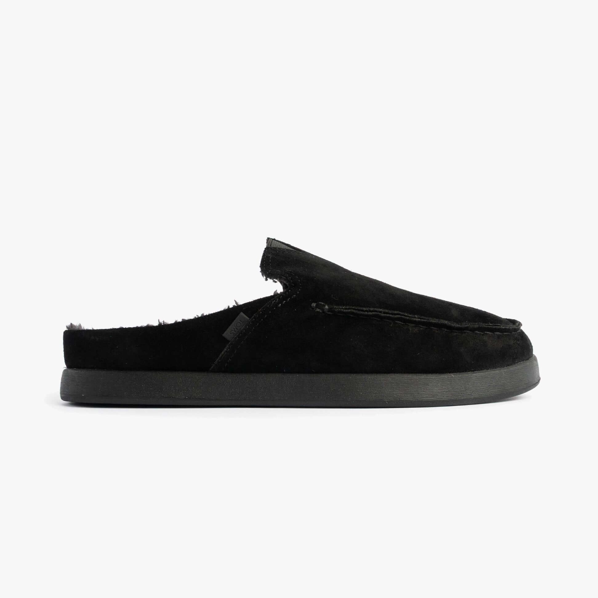 TOMS ALONSO MULE Mens Faux Shearling Lined Slippers Black side view showcasing suede upper and rubber sole.