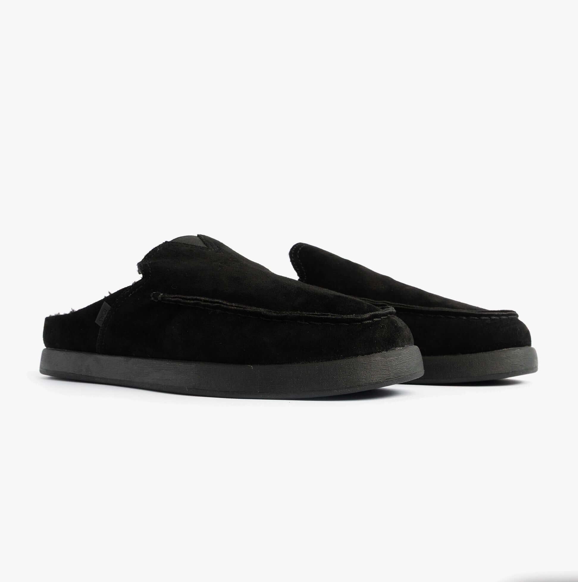 TOMS ALONSO MULE Mens Faux Shearling Lined Slippers Black side view showcasing suede leather upper and rubber sole.
