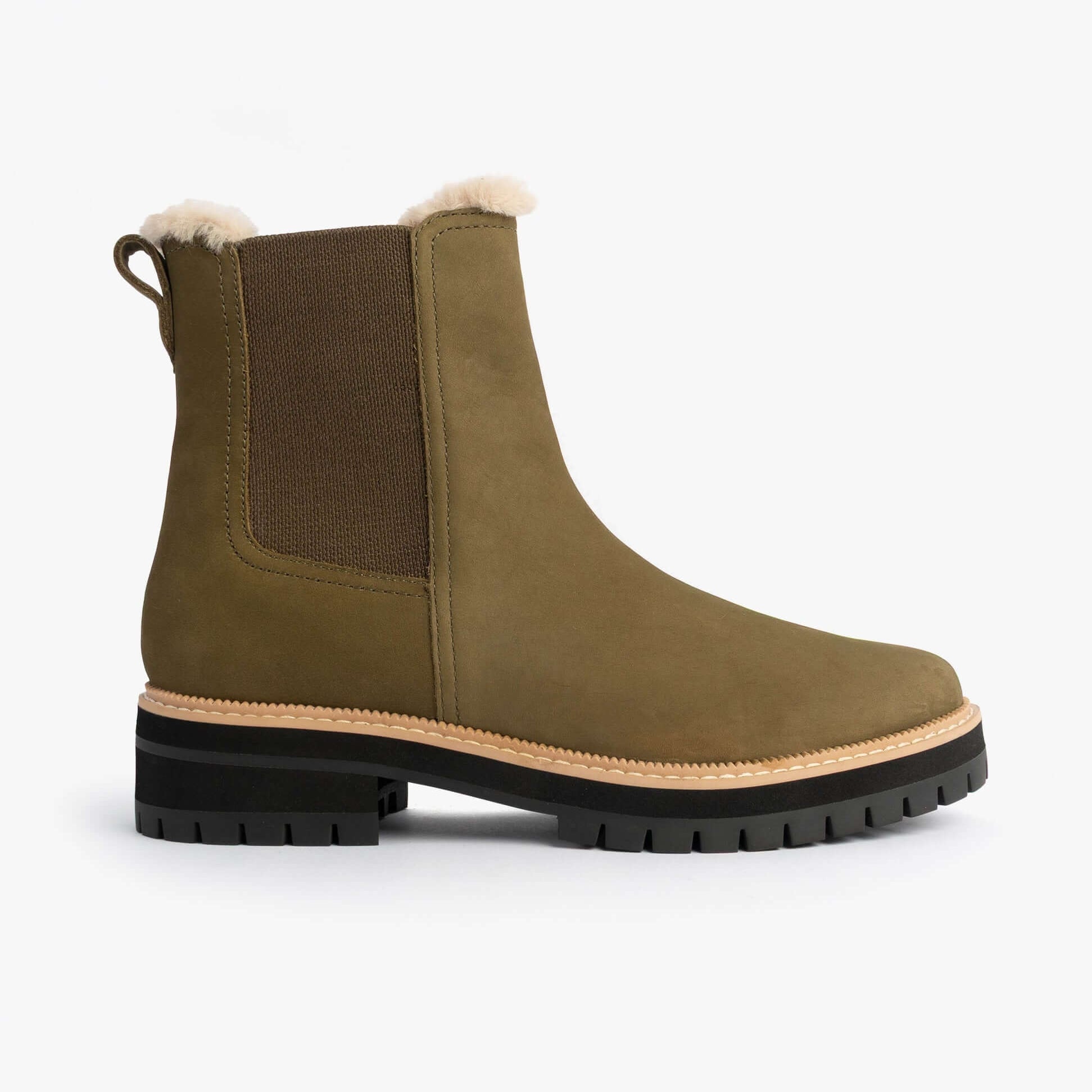 TOMS BENNET Womens Ankle Boots Olive side view showcasing Chelsea style and round toe with rubber sole.