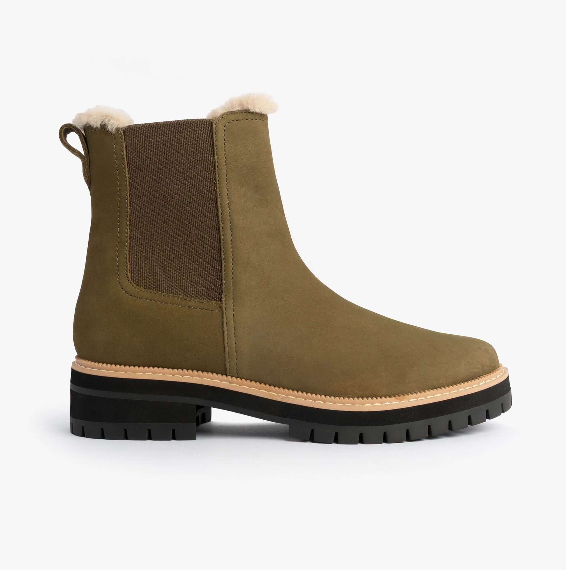 TOMS BENNET Womens Ankle Boots Olive side view showcasing Chelsea style and round toe with rubber sole.