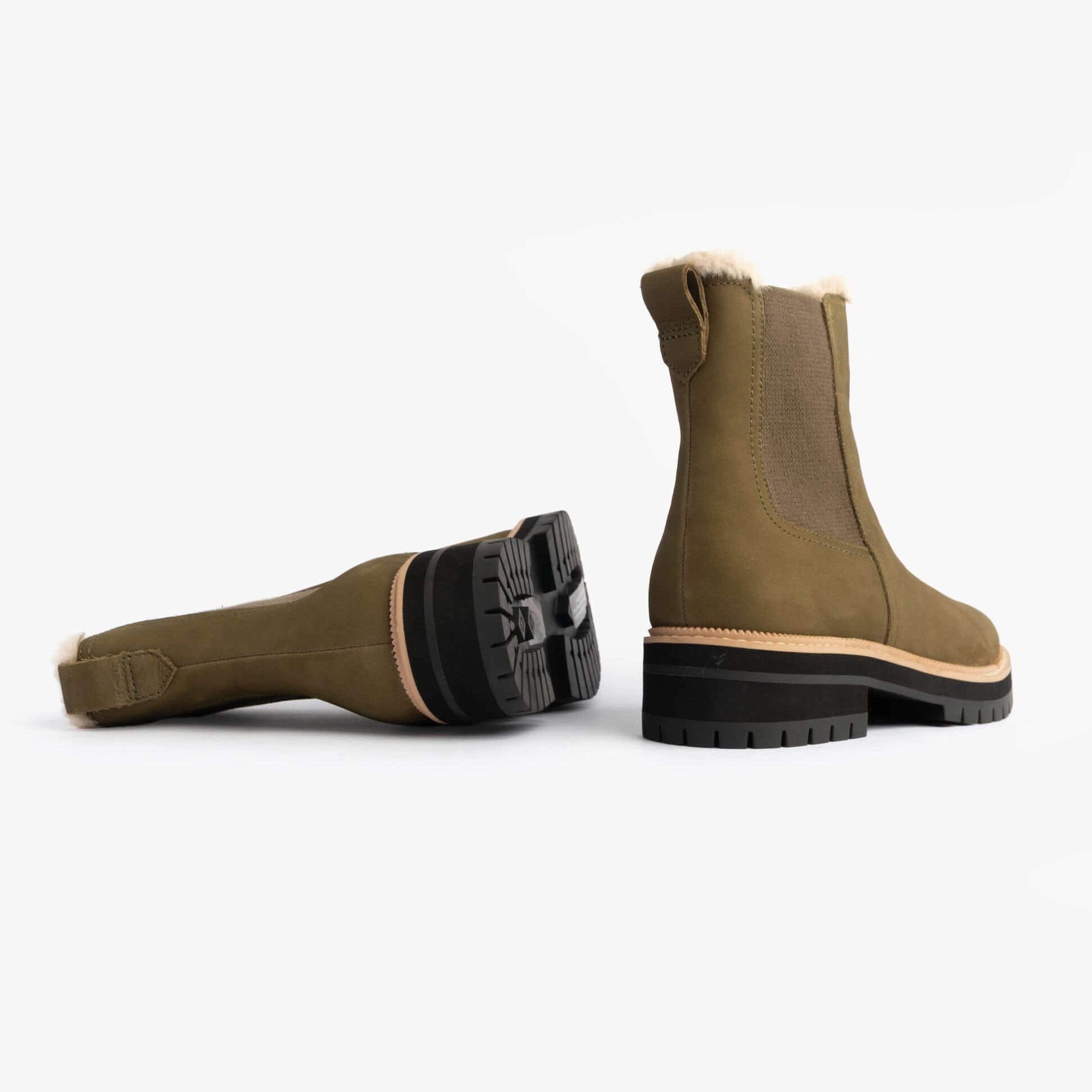 TOMS BENNET Womens Ankle Boots Olive side view showing olive green color and rubber sole details.