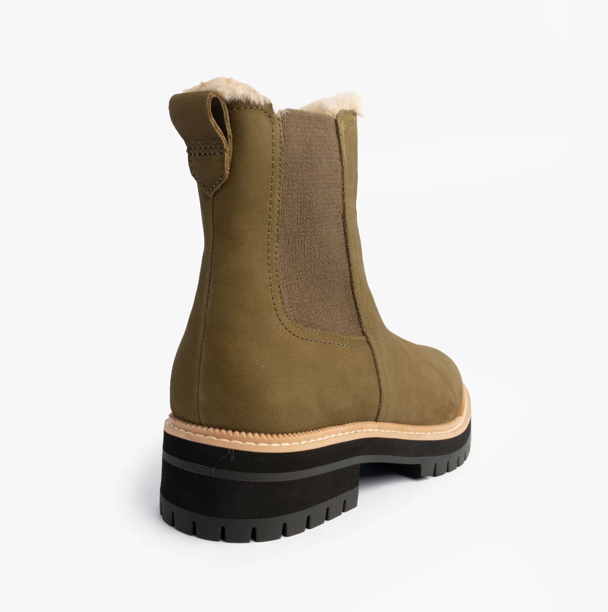 TOMS BENNET Womens Ankle Boots Olive rear view showcasing Chelsea boot style with synthetic upper and durable rubber sole.