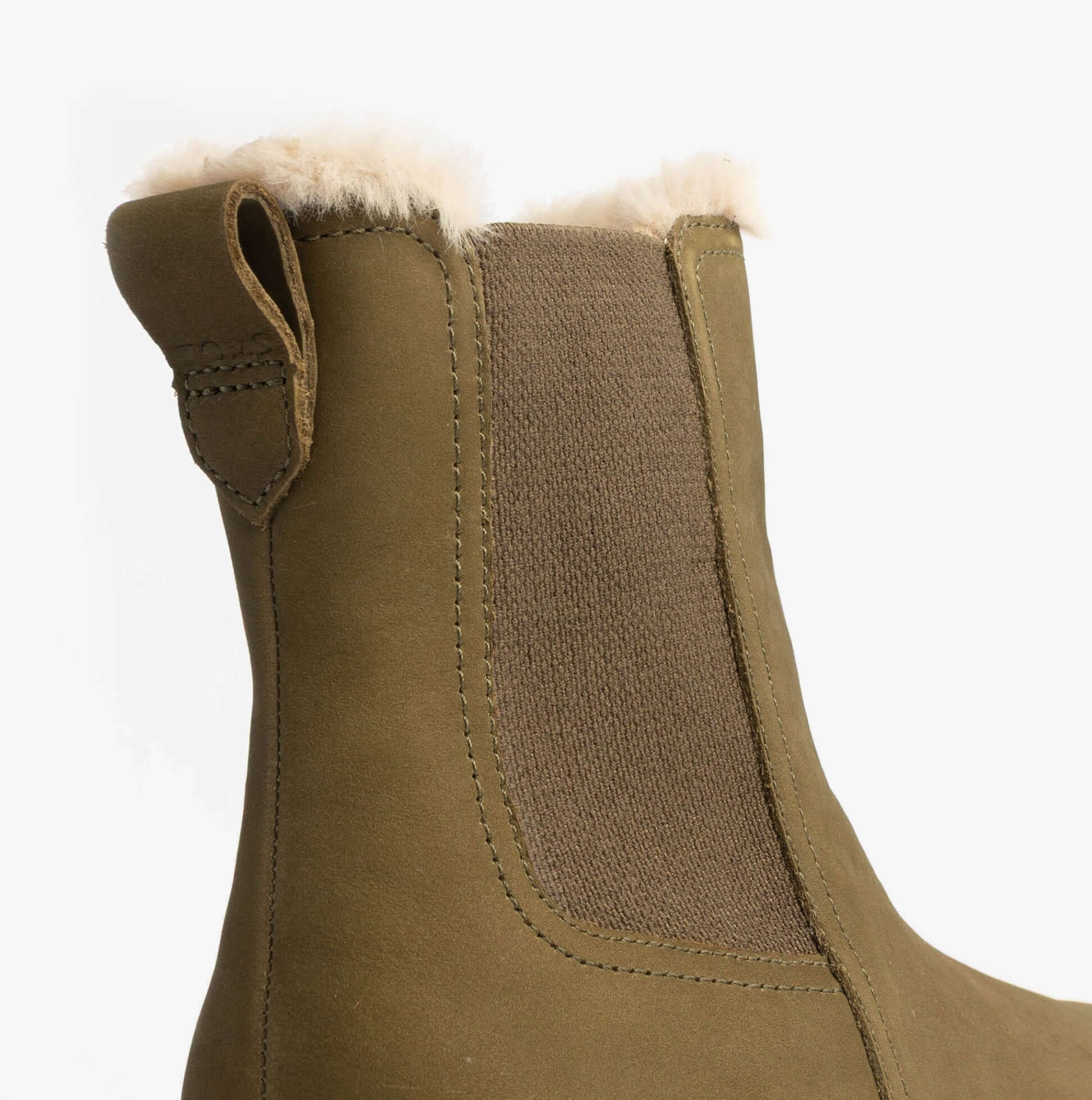 TOMS BENNET Womens Ankle Boots Olive side view detailing the soft lining and elastic panel.