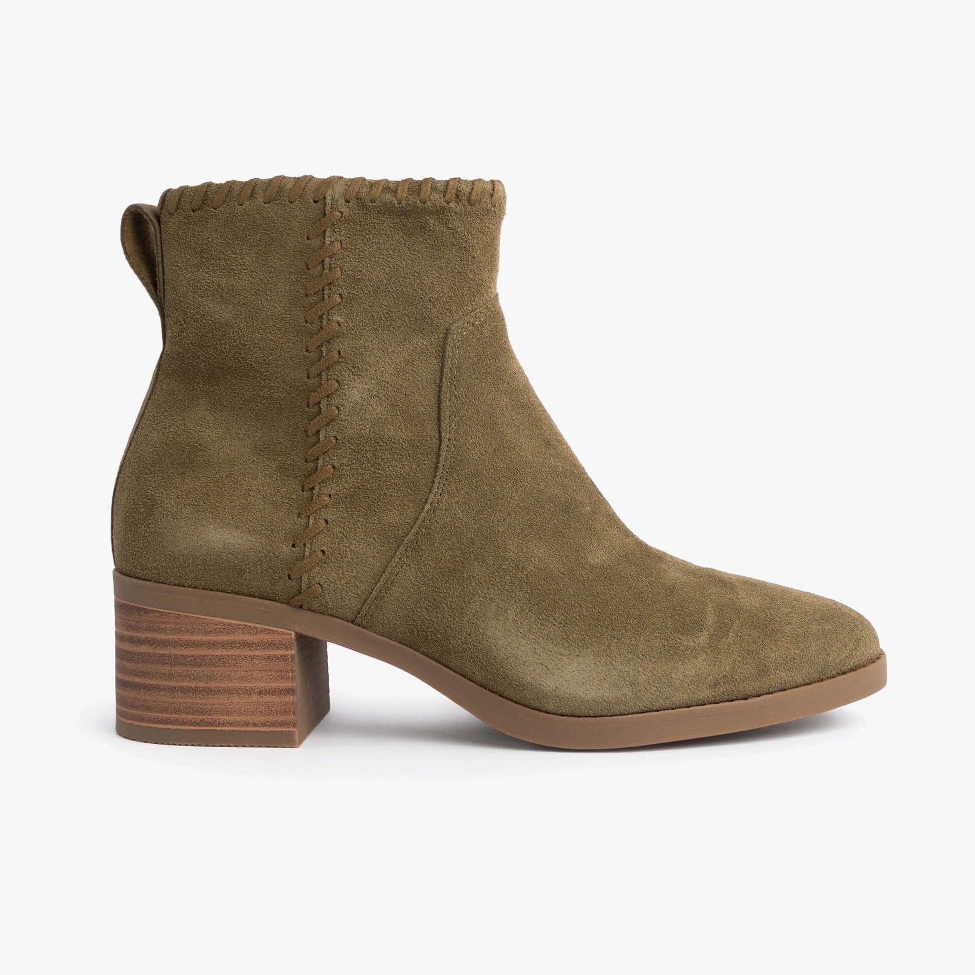 TOMS DELILAH Womens Ankle Boots Olive side view showing suede upper and block heel design.