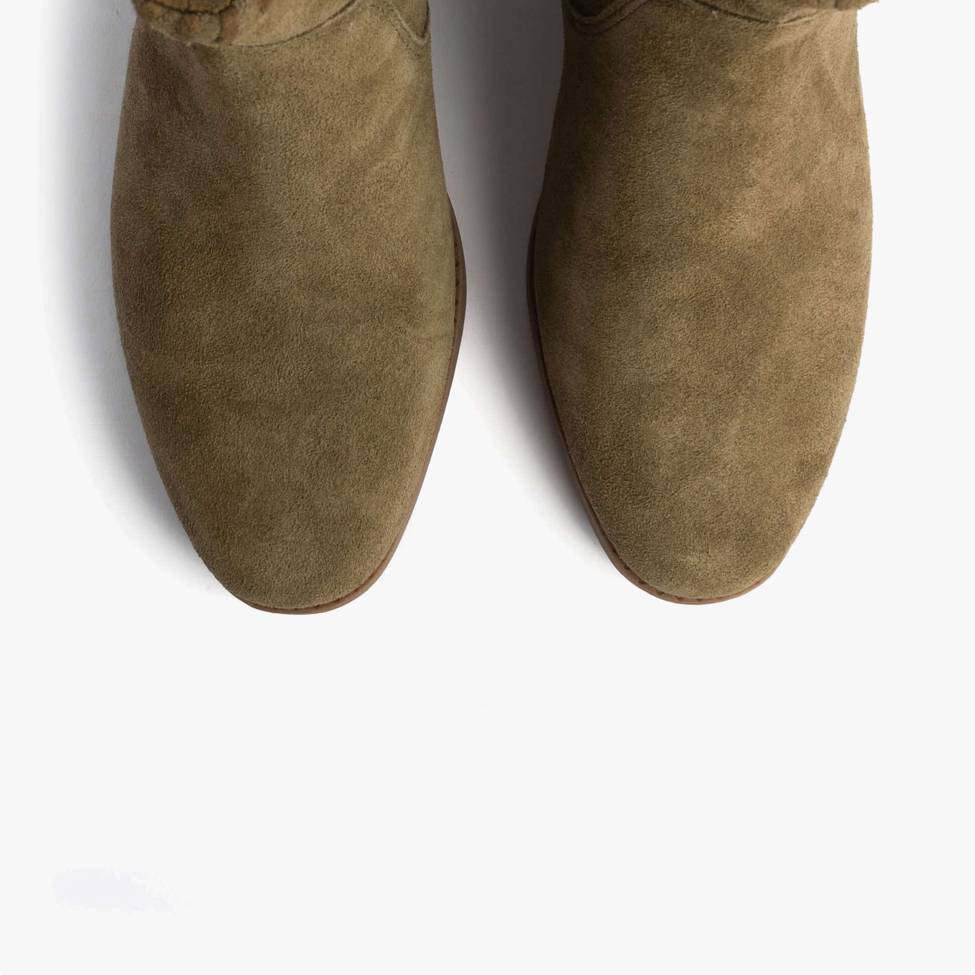 TOMS DELILAH Womens Ankle Boots Olive top view showcasing the soft suede upper and round toe design.
