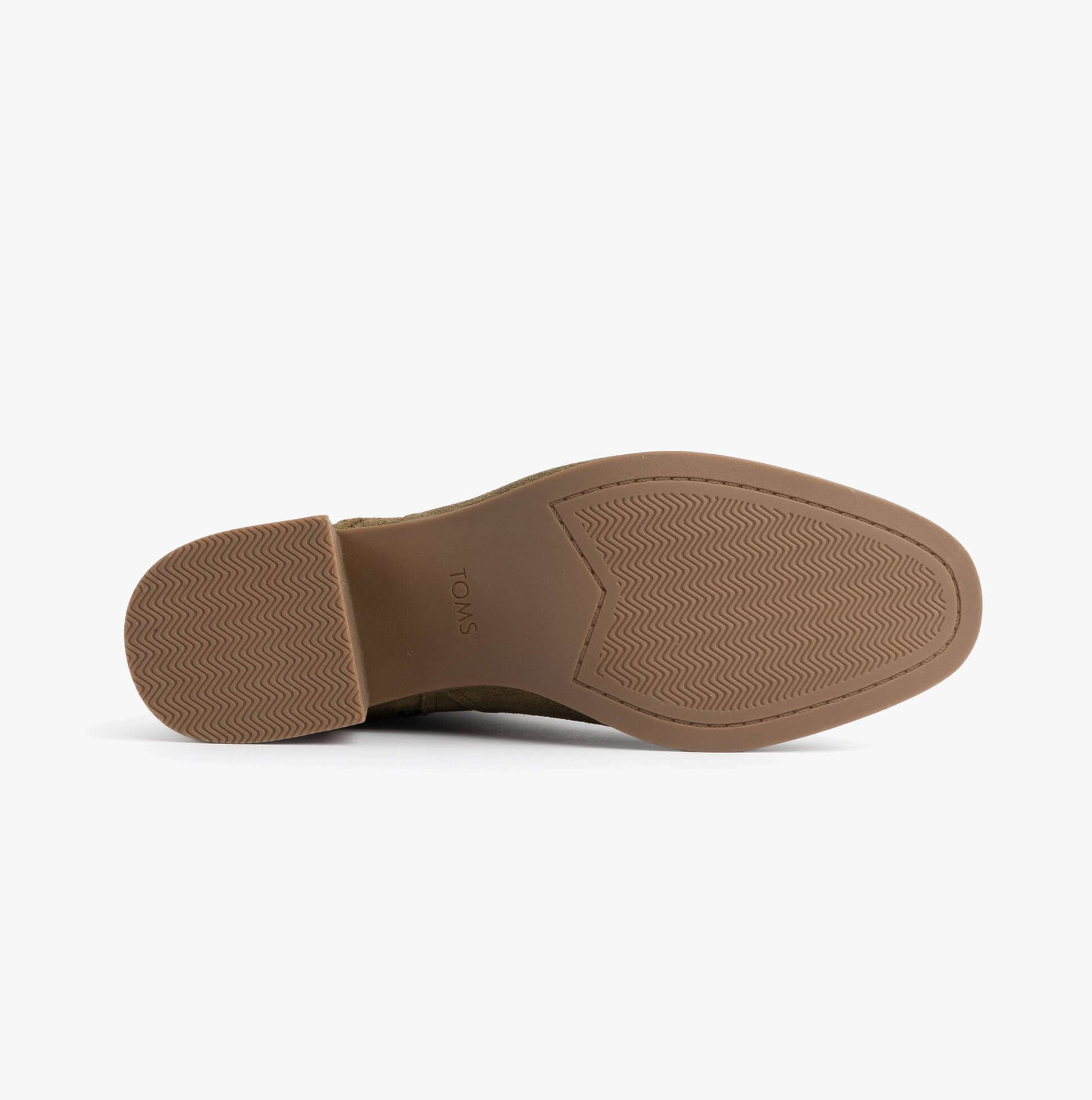 TOMS DELILAH Womens Ankle Boots Olive bottom view, showcasing the rubber sole with detailed tread pattern.