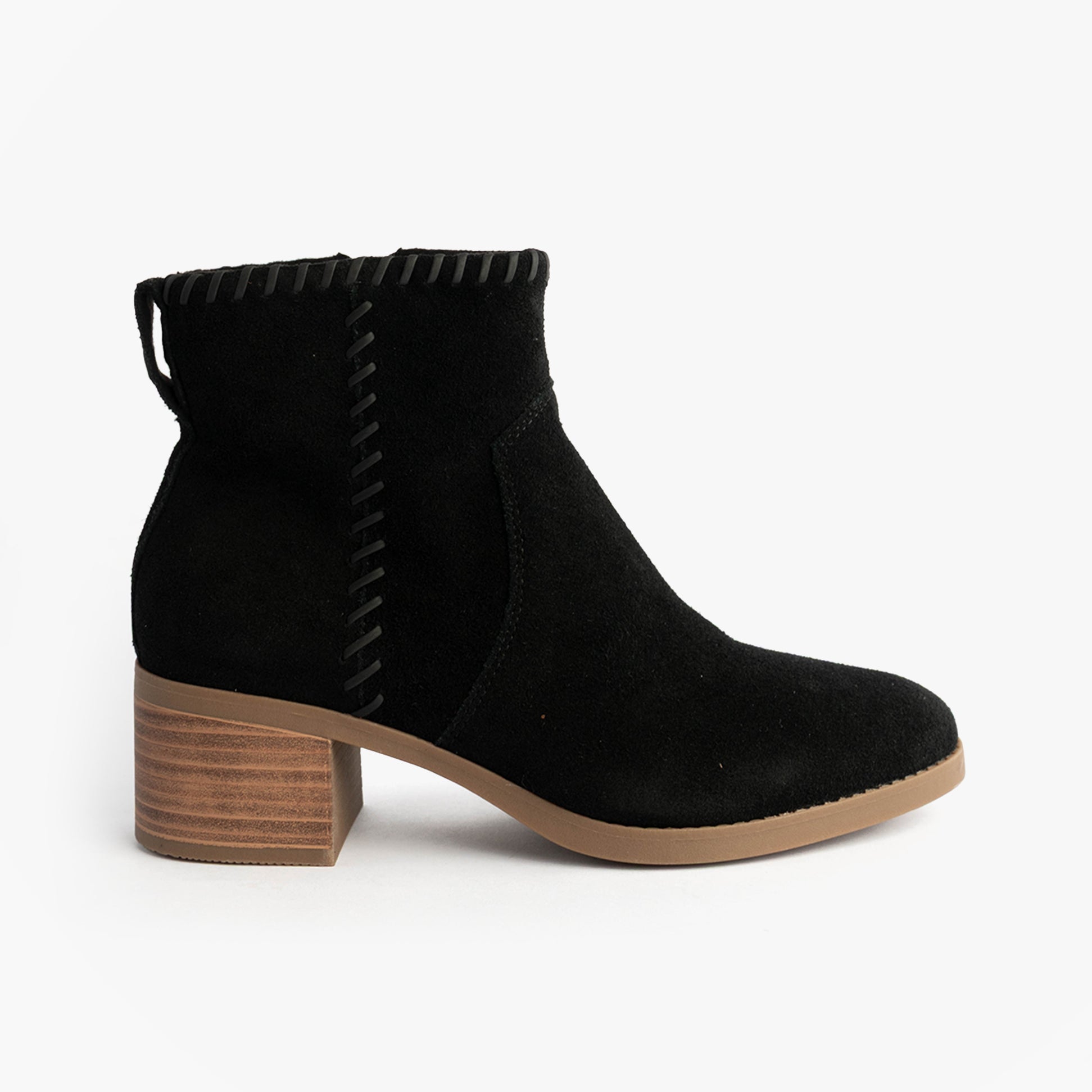 TOMS DELILAH Womens Ankle Boots Black side view showing synthetic upper and block heel design