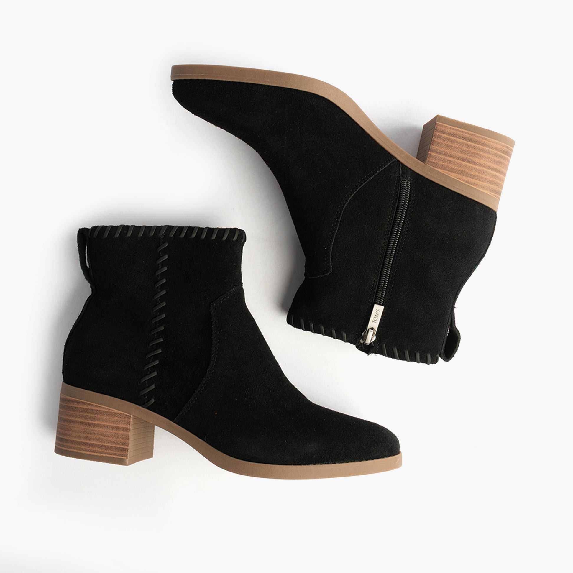 TOMS DELILAH Womens Ankle Boots Black side view and top view showcasing synthetic upper and zip closure.