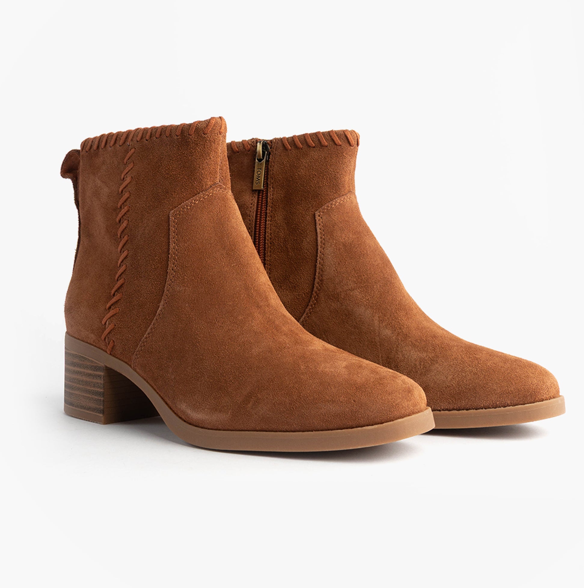 TOMS DELILAH Womens Ankle Boots Brown side view showcasing suede upper and zip closure.