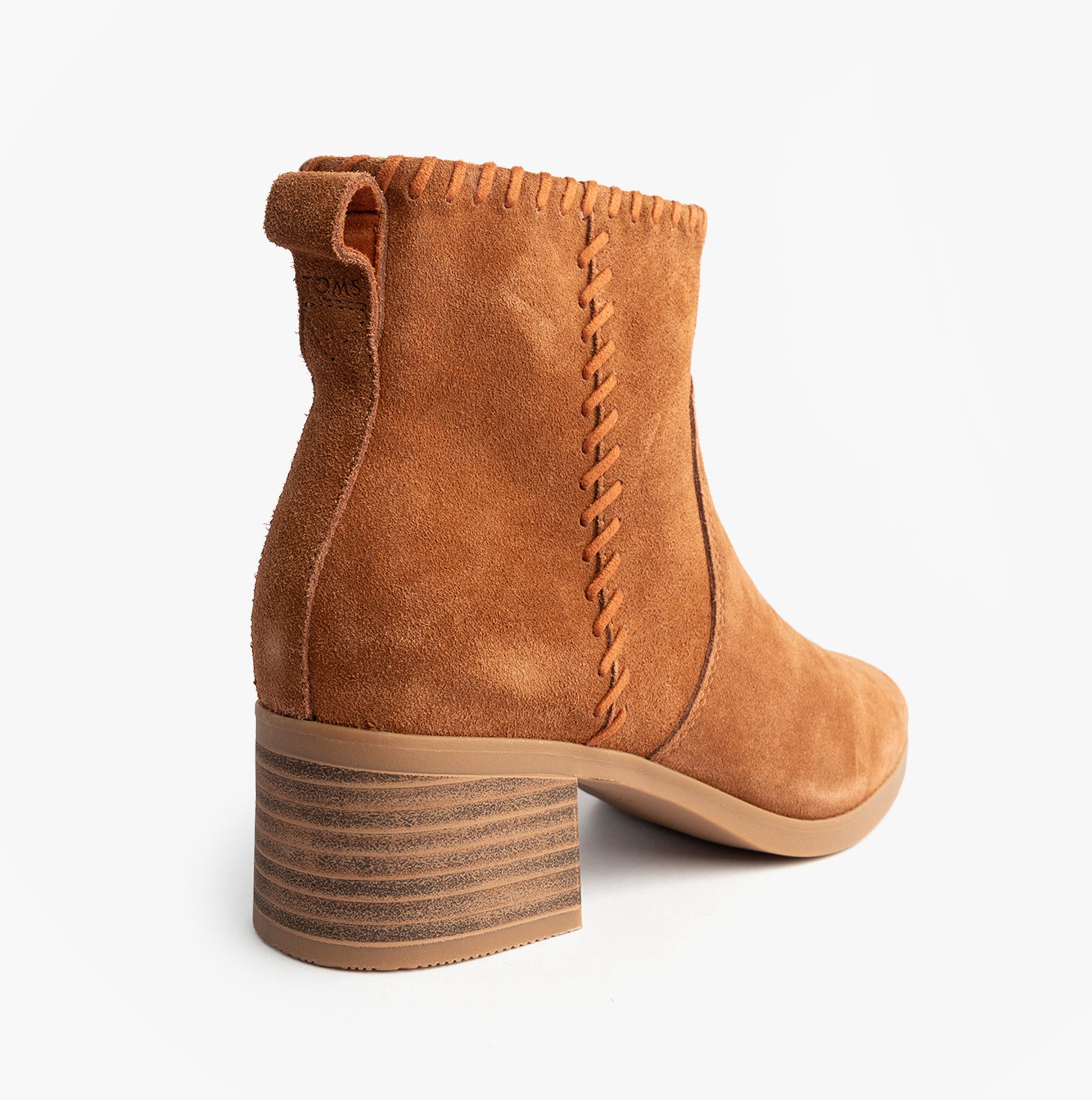 TOMS DELILAH Womens Ankle Boots Brown side view showcasing the suede texture and block heel design.
