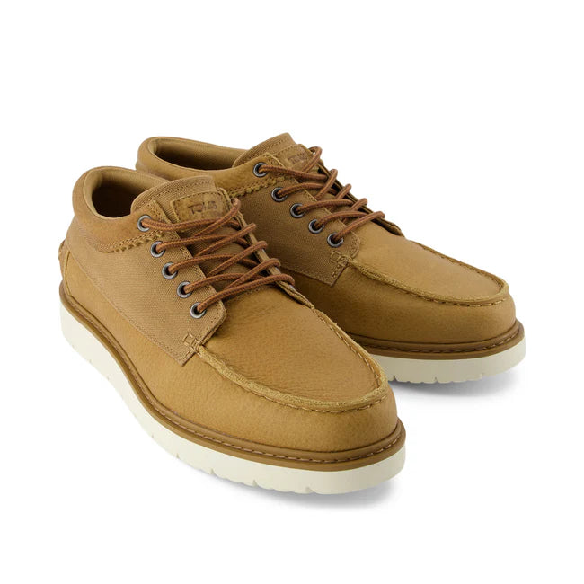 TOMS TRVL LITE FORREST Mens Shoes Tan side view showing lace-up boat style in tan leather with white sole.