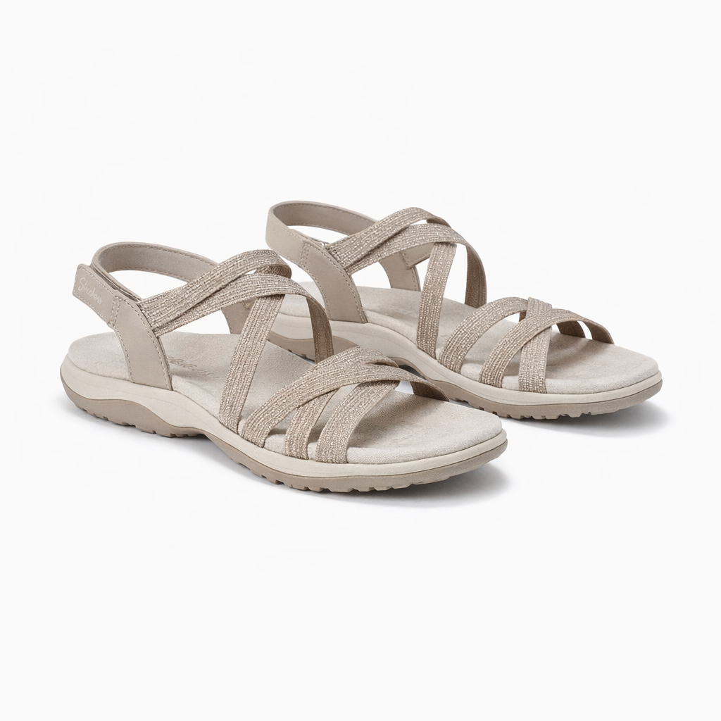 Skechers REGGAE SLIM - SUMMER GETAWAY Womens Cross Strap Sandals Taupe
