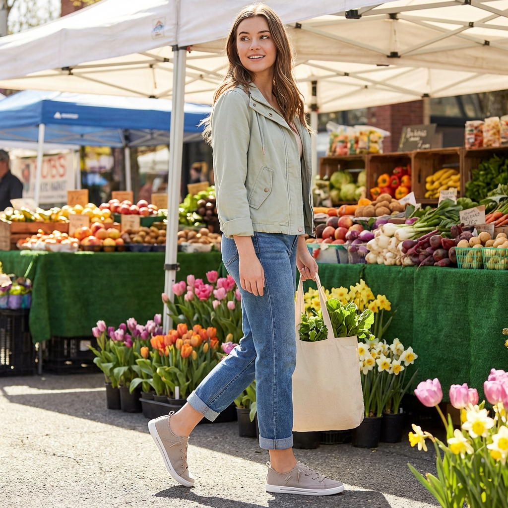 Woman walking in a farmers market wearing skechers footwear