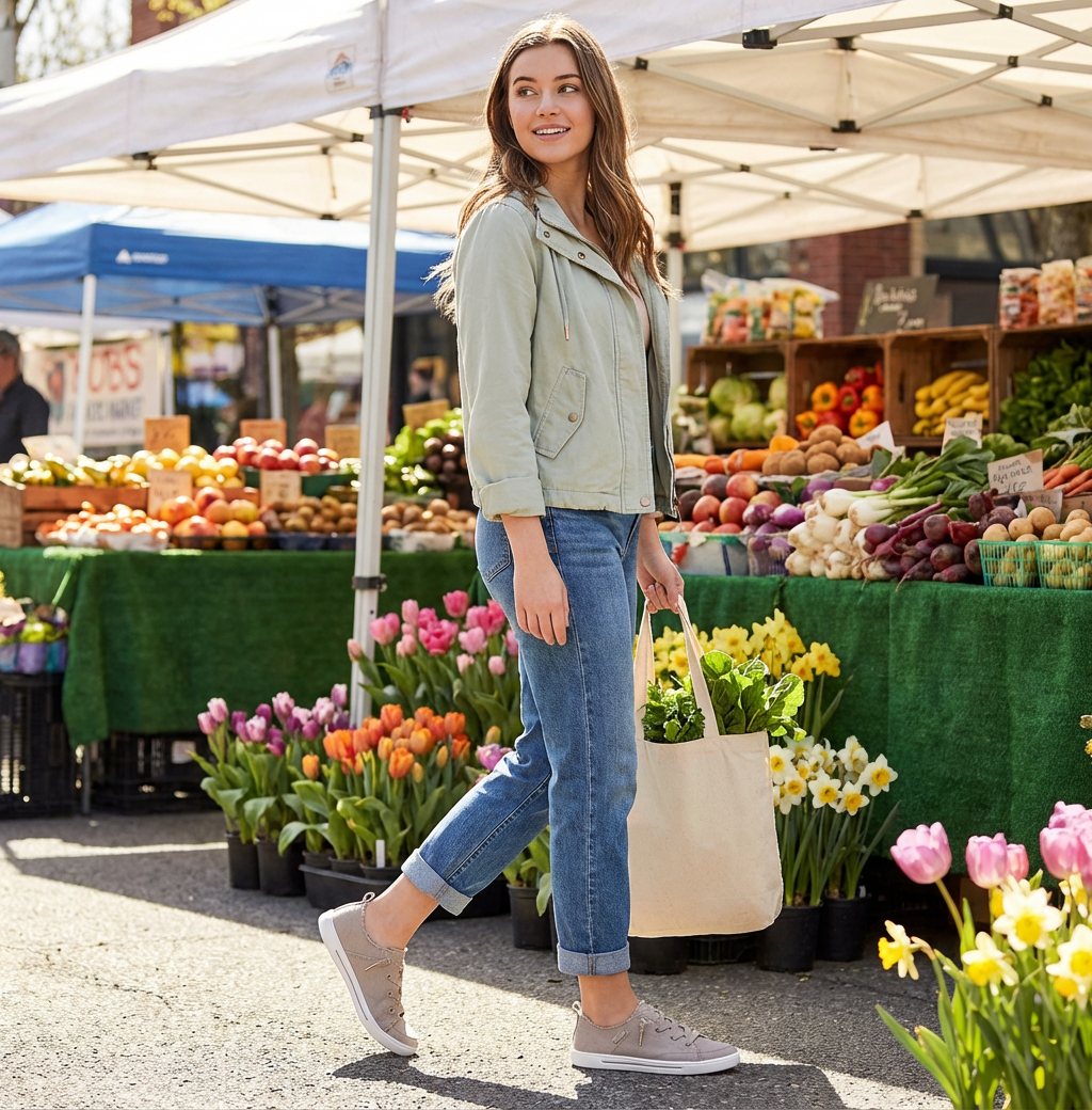 Woman walking in a farmers market wearing skechers footwear