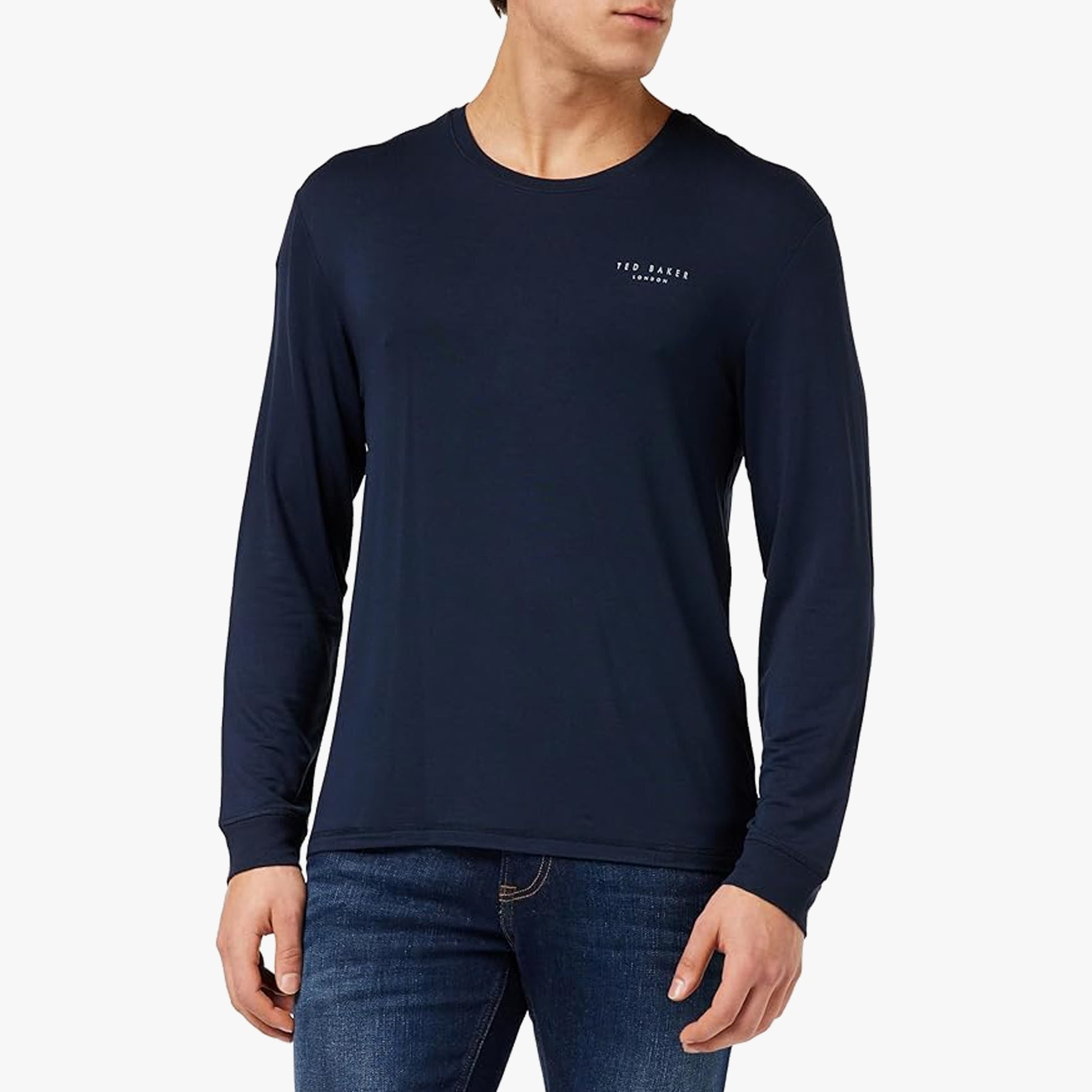 Ted Baker SUPER SOFT Long Sleeve Top Mens Navy front view, showcasing soft fabric and comfortable fit.