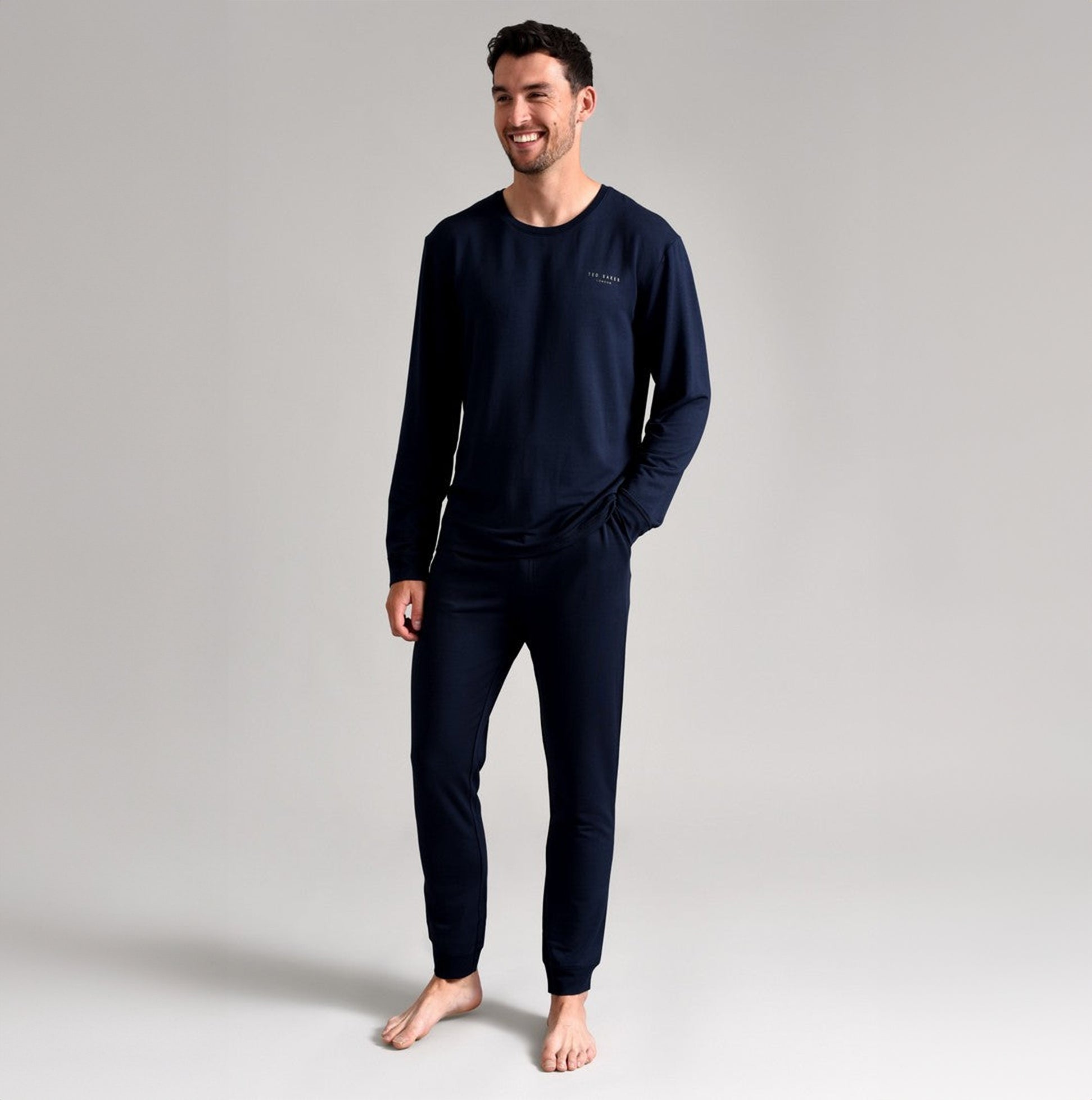 Ted Baker SUPER SOFT Long Sleeve Top Mens Navy front view model wearing navy long sleeve top with matching bottoms