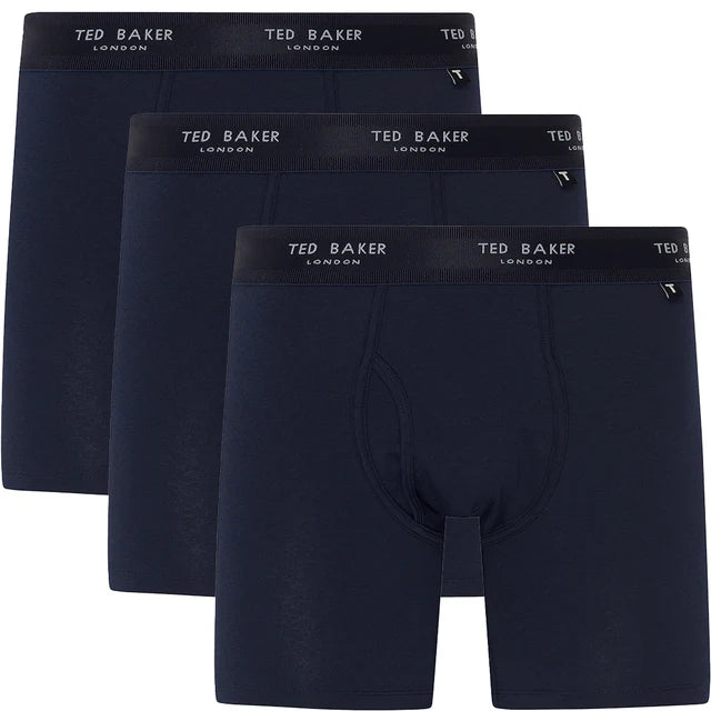 Ted Baker 3-Pack Cotton Boxer Briefs Mens Navy front view showing three boxer briefs with elasticated waistbands.