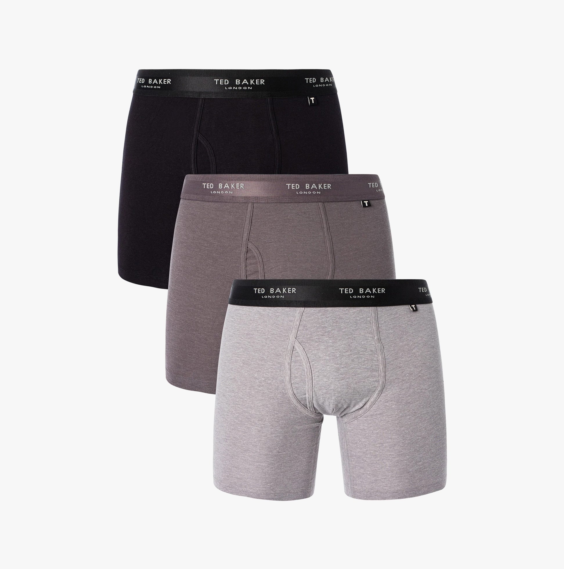 Ted Baker 3-Pack Cotton Boxer Briefs Mens Grey/Heather/Black front view showing three boxers in black, grey, and heather colors.