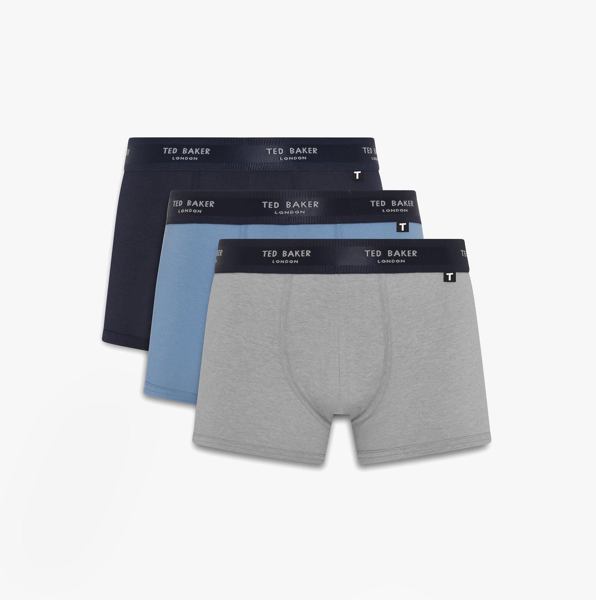 Ted Baker 3-Pack Cotton Trunks Mens Multicoloured displayed from a front view with grey, blue, and navy trunks.