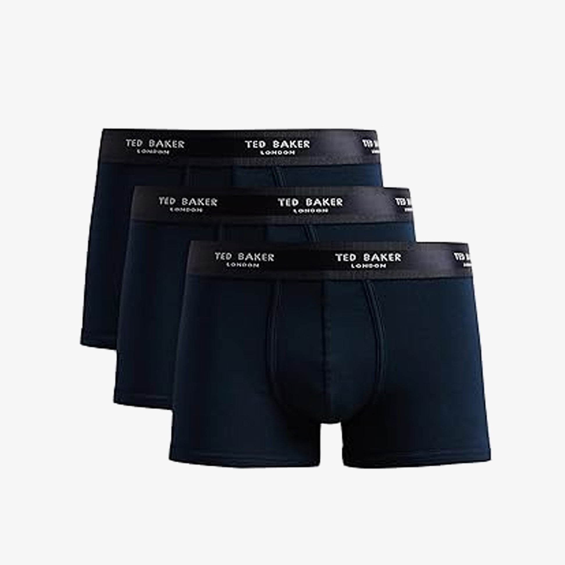Ted Baker 3-Pack Cotton Trunks Mens Navy, front view, showcasing three navy trunks with elasticated waistband.