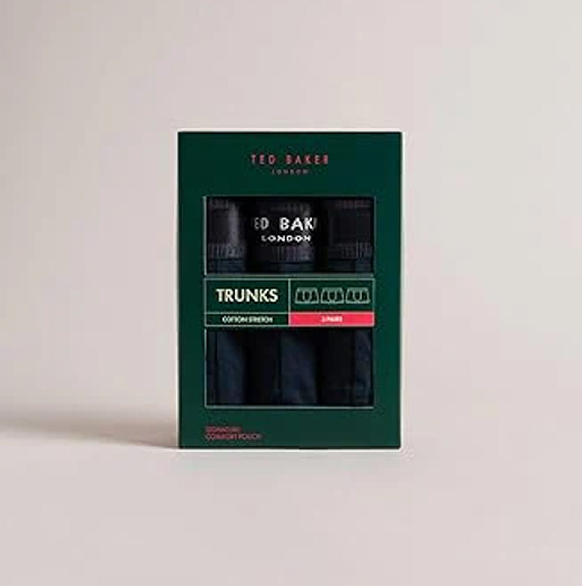 Ted Baker 3-Pack Cotton Trunks Mens Navy front view in gift box packaging, showcasing three trunks in navy color.