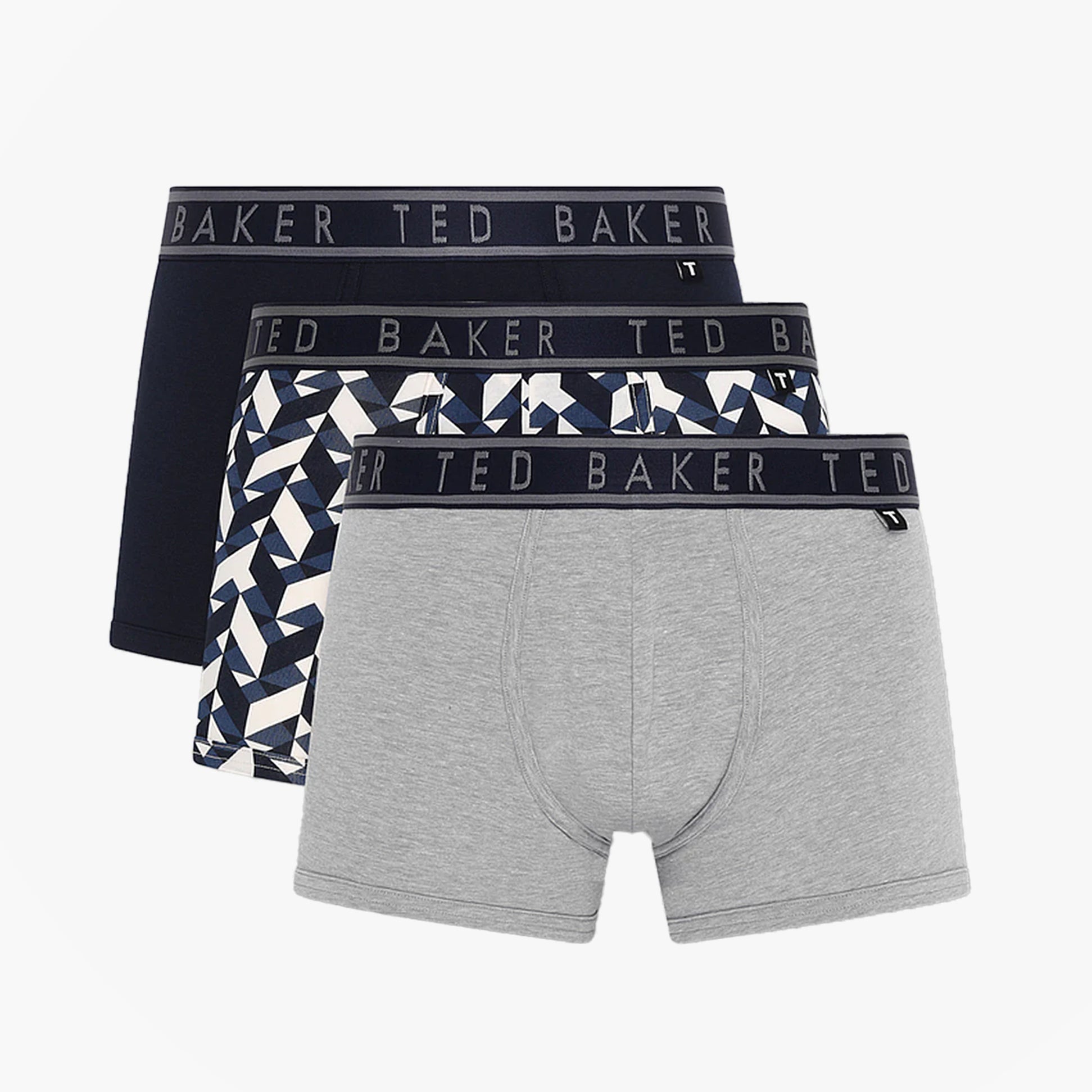 Ted Baker 3 Pack Cotton Trunks Mens Navy/Chevron/Heather Grey, front view showcasing three trunk styles.