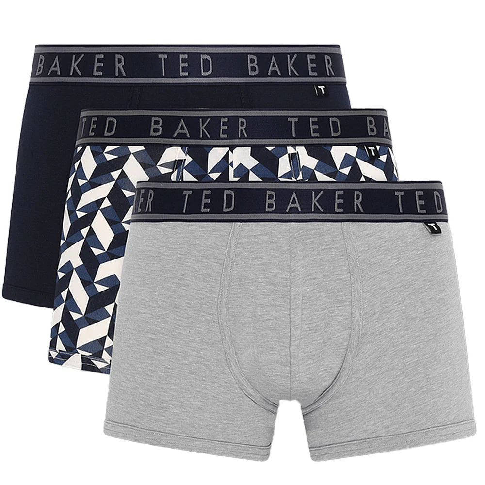 Ted Baker 3 Pack Cotton Trunks Mens Navy/Chevron/Heather Grey front view displaying three diverse trunk designs.