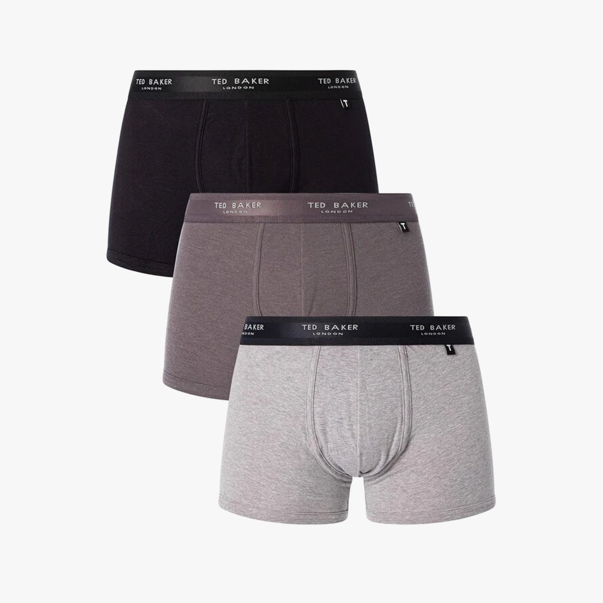 Ted Baker 3-Pack Cotton Trunks Mens Grey/Heather/Black front view featuring three colors: black, grey, and heather.