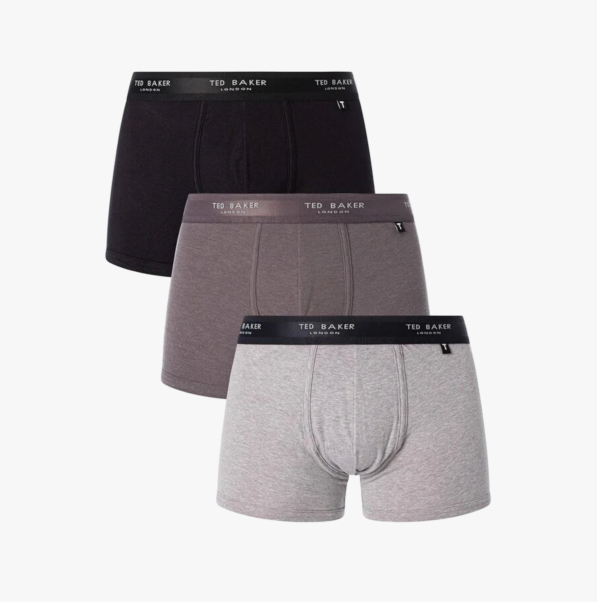 Ted Baker 3-Pack Cotton Trunks Mens Grey/Heather/Black front view featuring three colors: black, grey, and heather.
