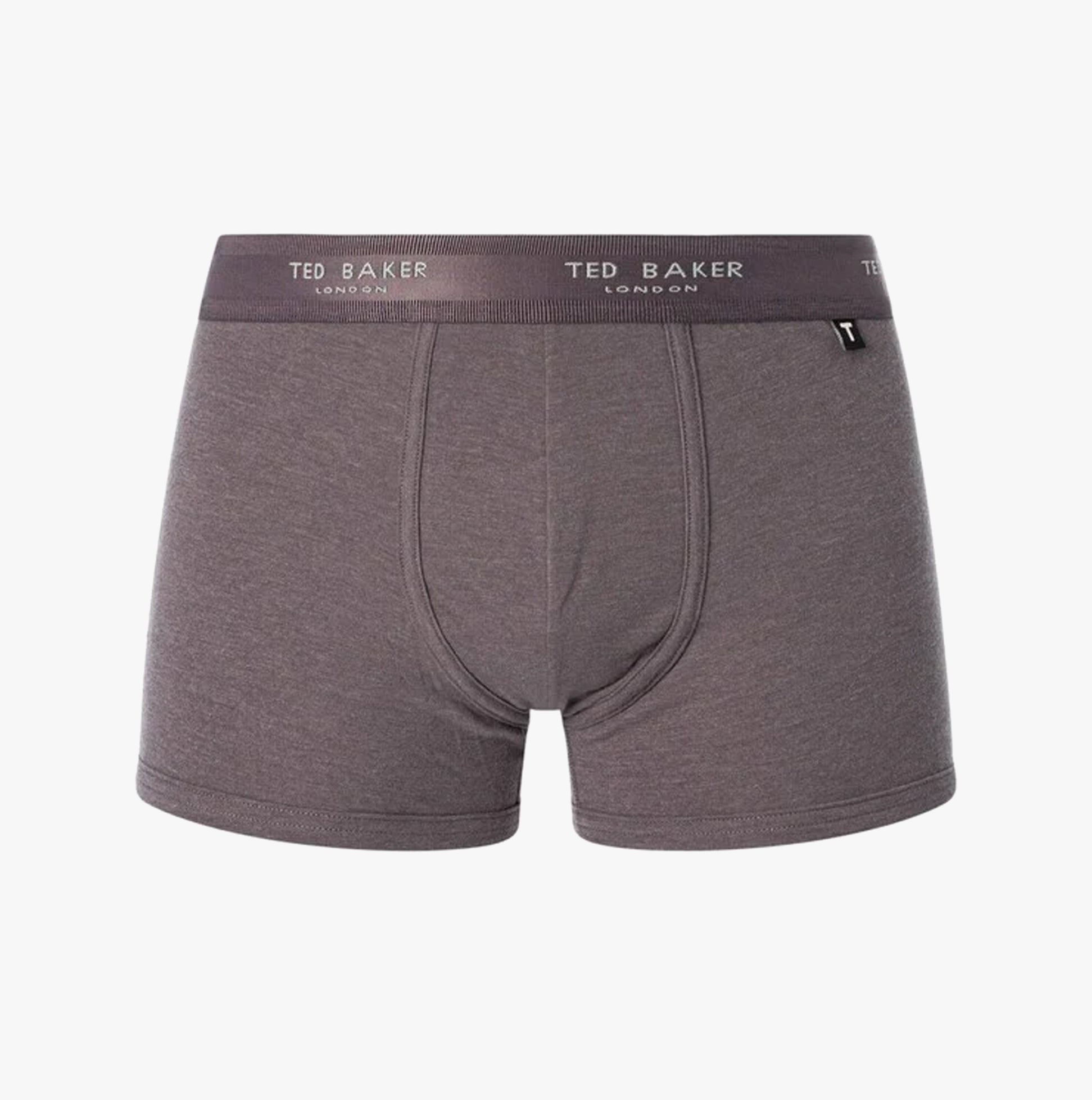 Ted Baker 3-Pack Cotton Trunks Mens Grey/Heather/Black front view showing waistband and fabric details.