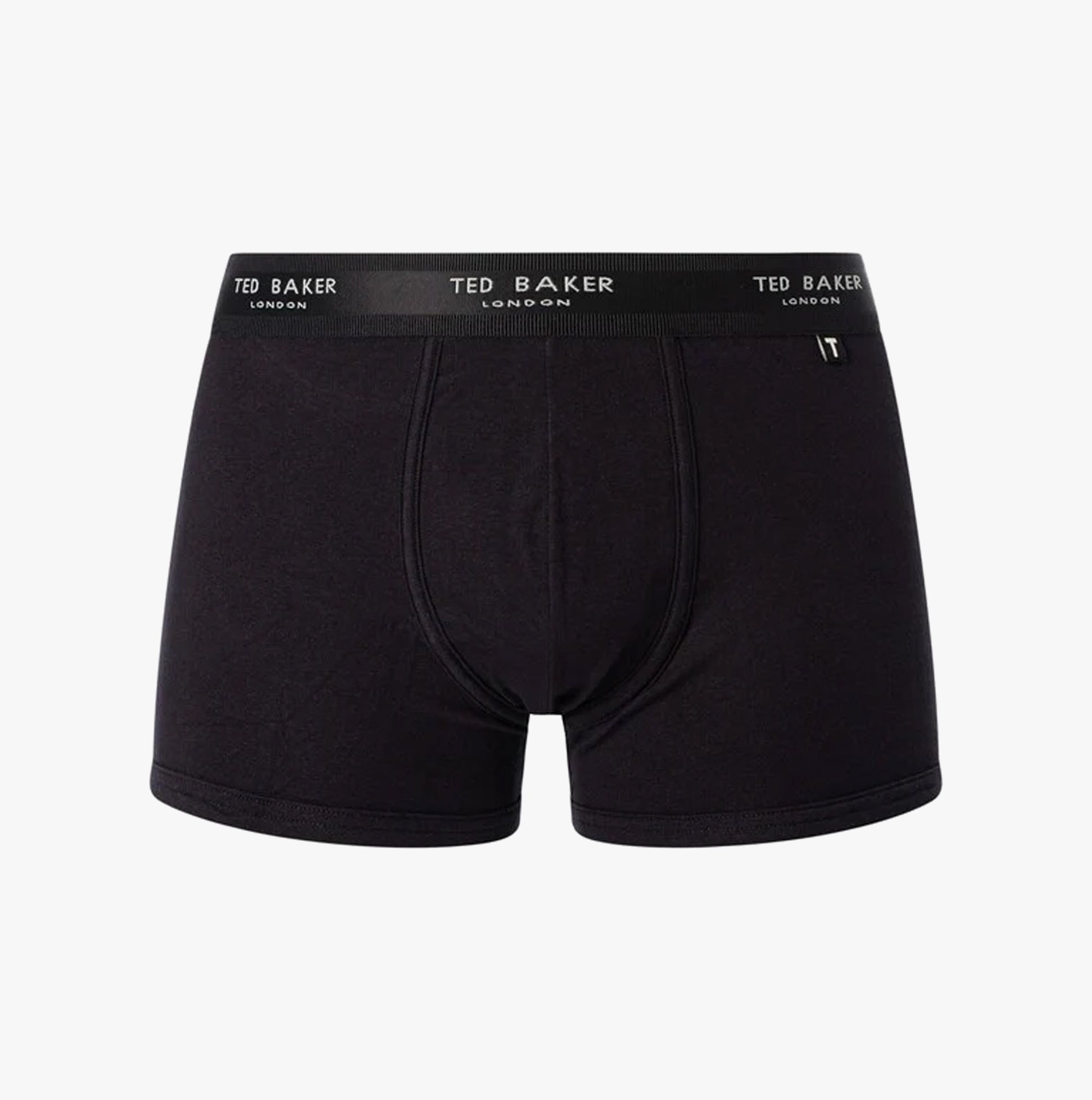 Ted Baker 3-Pack Cotton Trunks Mens Grey/Heather/Black front view showing black trunk with elasticated waistband.
