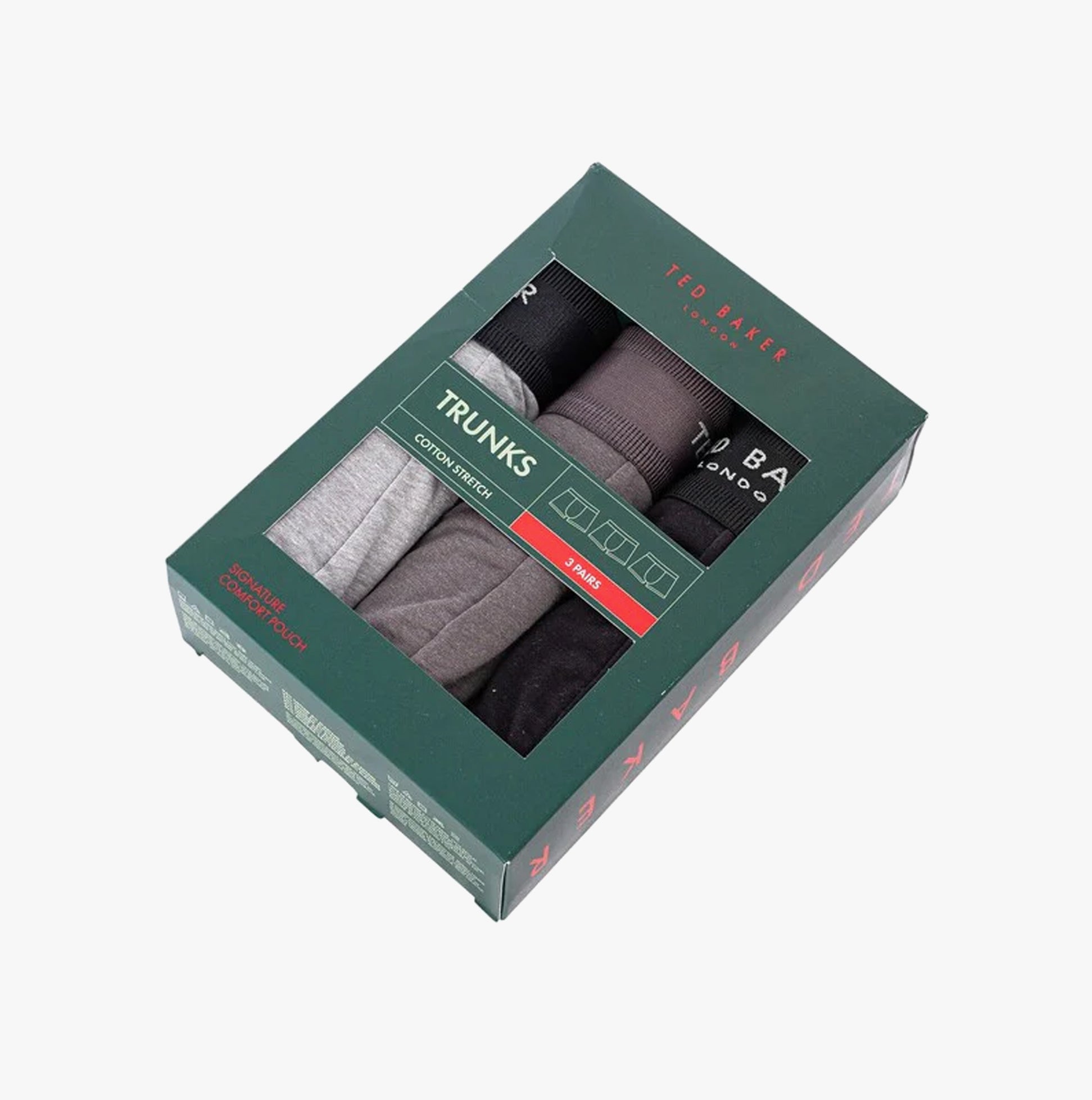 Ted Baker 3-Pack Cotton Trunks Mens Grey/Heather/Black front view in gift box with brand packaging.