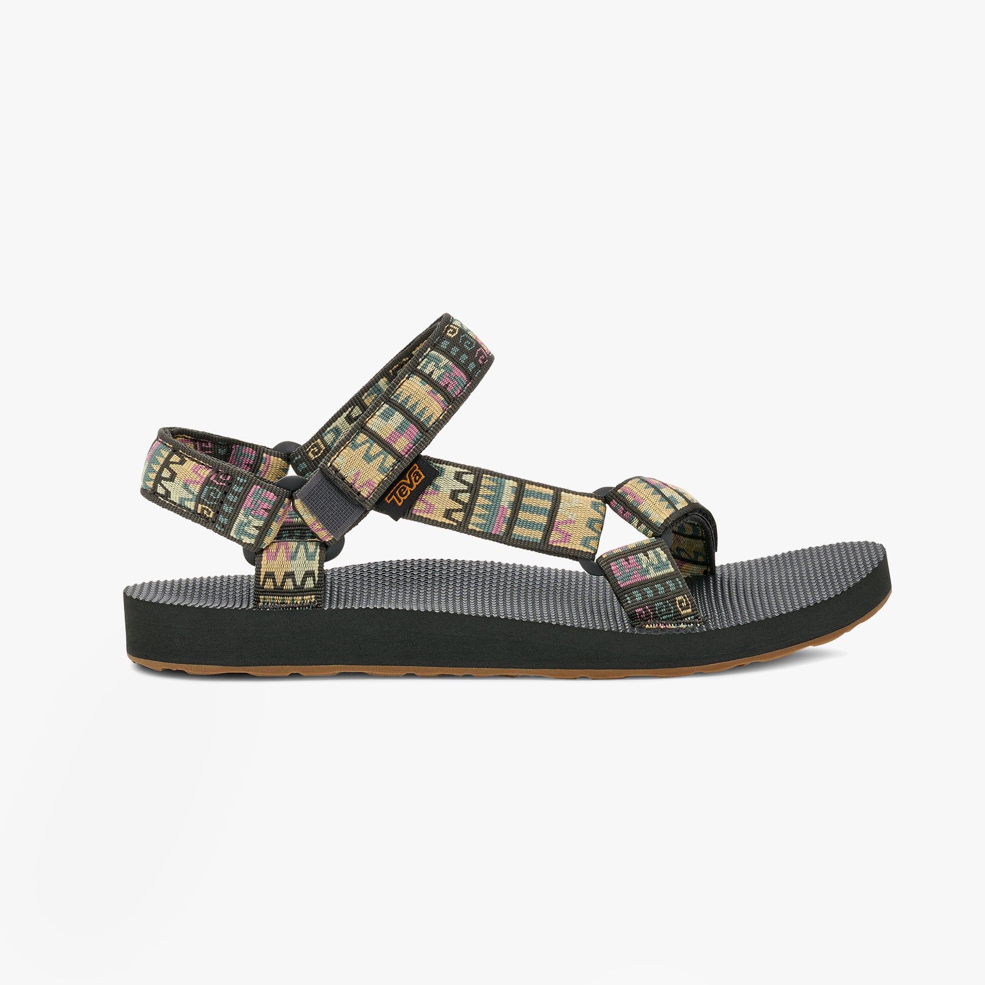 Teva ORIGINAL UNIVERSAL Womens Sandals Geo Mashup Peach Ice side view featuring colorful textile straps and rubber sole.