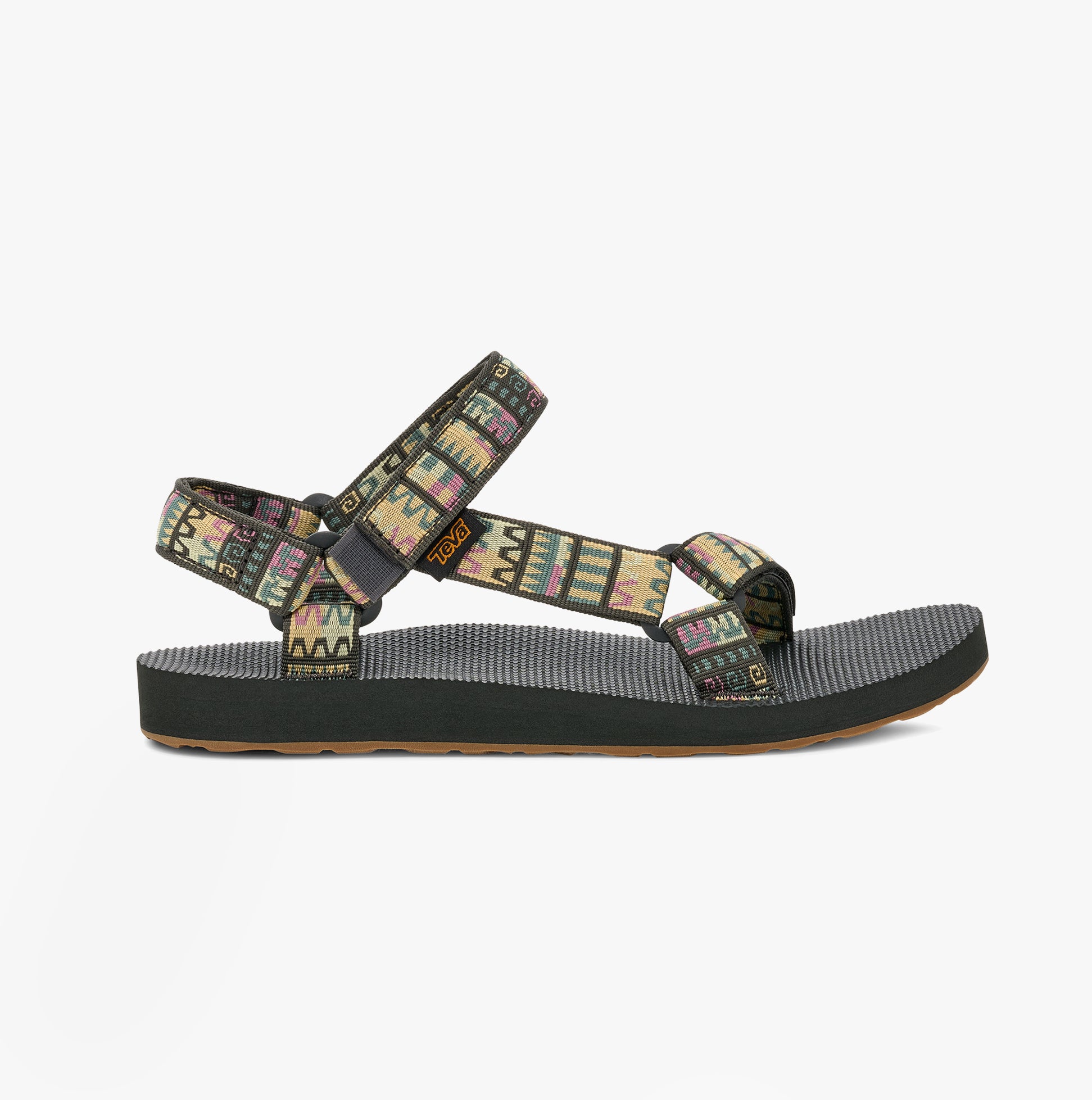 Teva ORIGINAL UNIVERSAL Womens Sandals Geo Mashup Peach Ice side view featuring colorful textile straps and rubber sole.