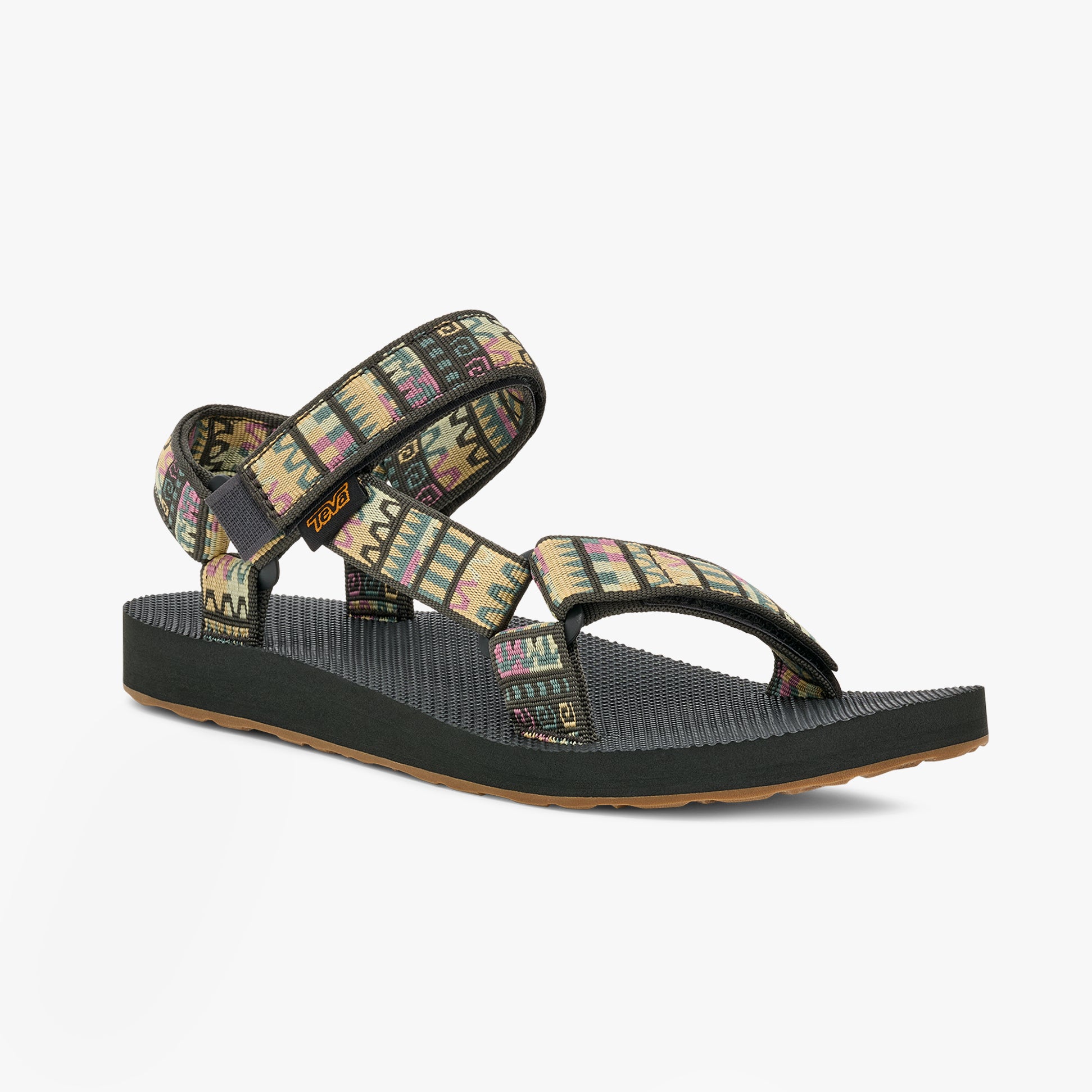Teva ORIGINAL UNIVERSAL Womens Sandals Geo Mashup Peach Ice side view showcasing textile upper and rubber sole.