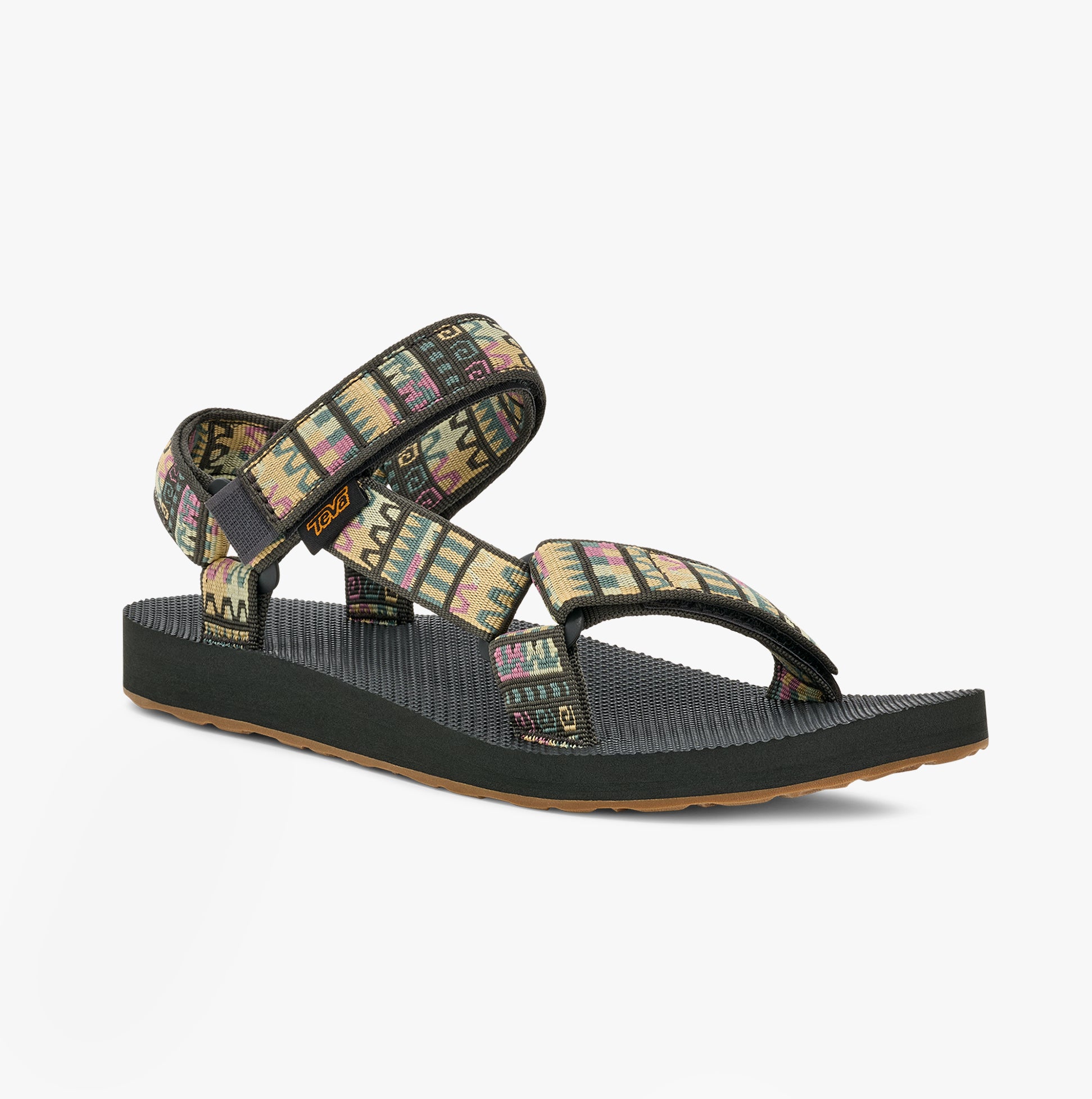 Teva ORIGINAL UNIVERSAL Womens Sandals Geo Mashup Peach Ice side view showcasing textile upper and rubber sole.