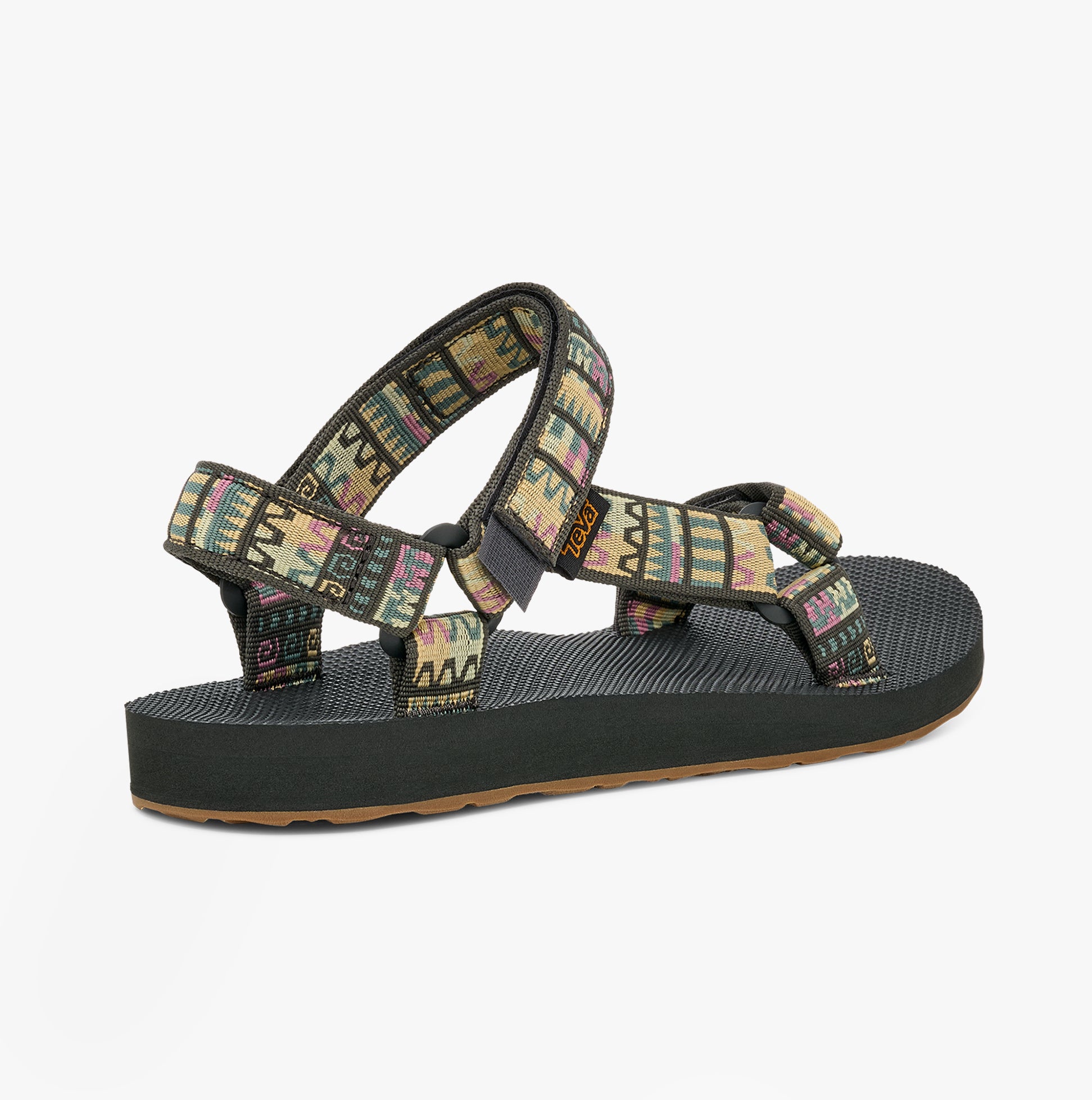 Teva ORIGINAL UNIVERSAL Womens Sandals Geo Mashup Peach Ice side view showcasing colorful textile upper and rubber sole.