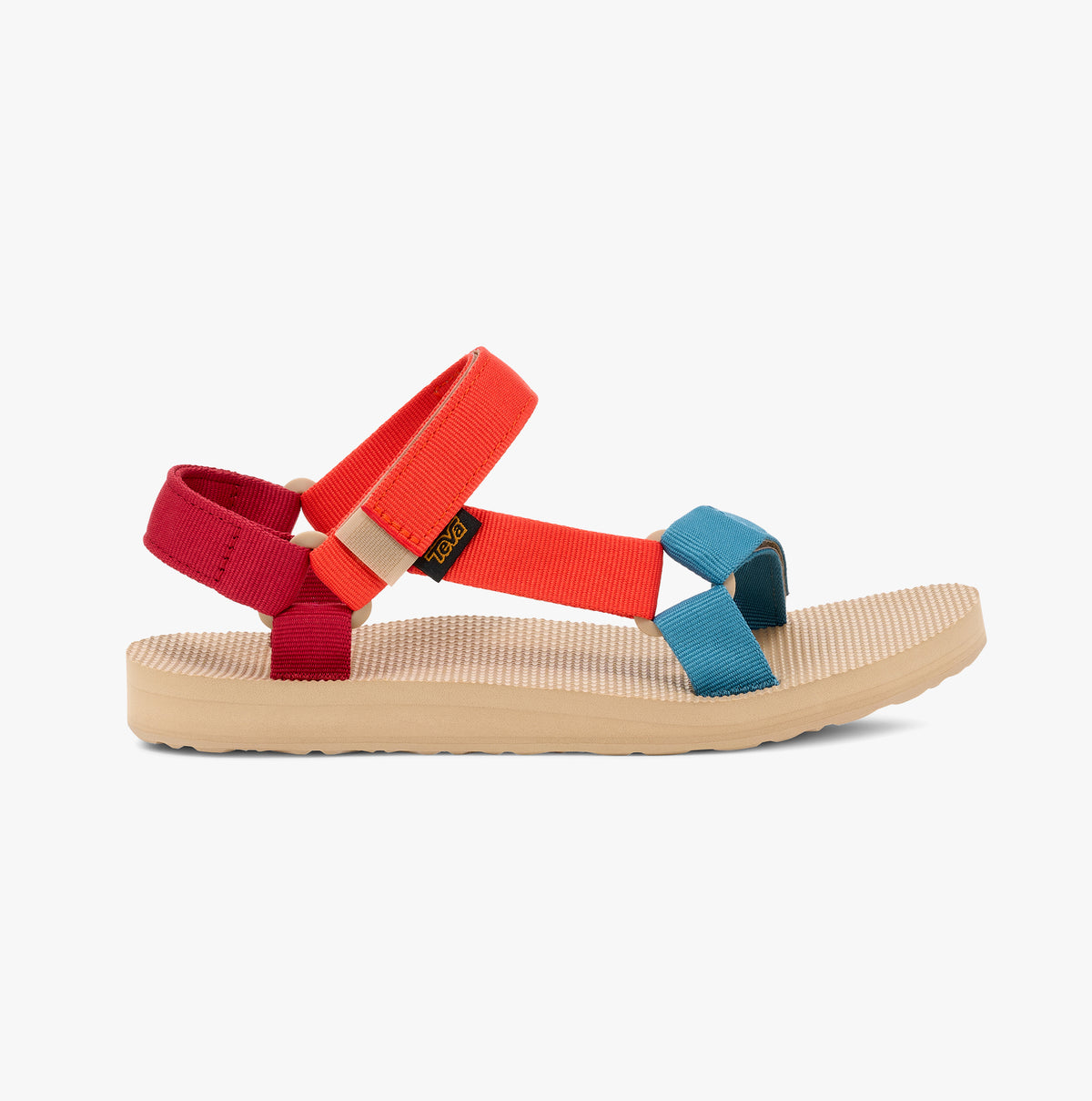 Teva ORIGINAL UNIVERSAL Womens Sandals Haze Multi side view showcasing vibrant straps and low-profile rubber sole.