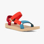 Teva ORIGINAL UNIVERSAL Womens Sandals Haze Multi side view showcasing vibrant red and blue straps with a rubber sole.