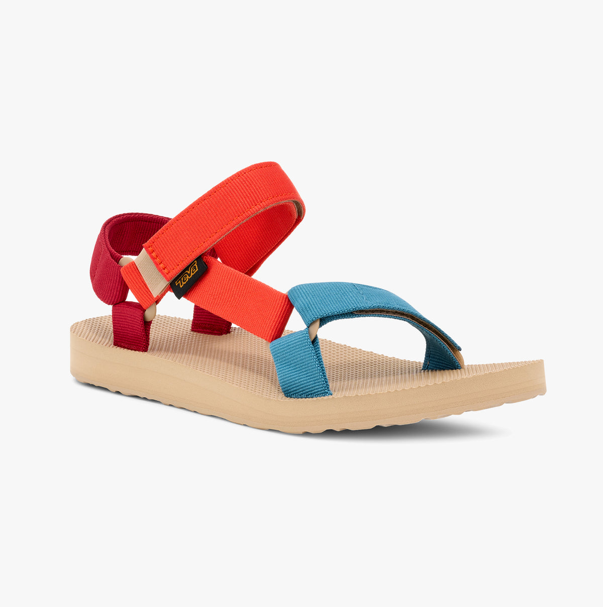 Teva ORIGINAL UNIVERSAL Womens Sandals Haze Multi side view showcasing vibrant red and blue straps with a rubber sole.