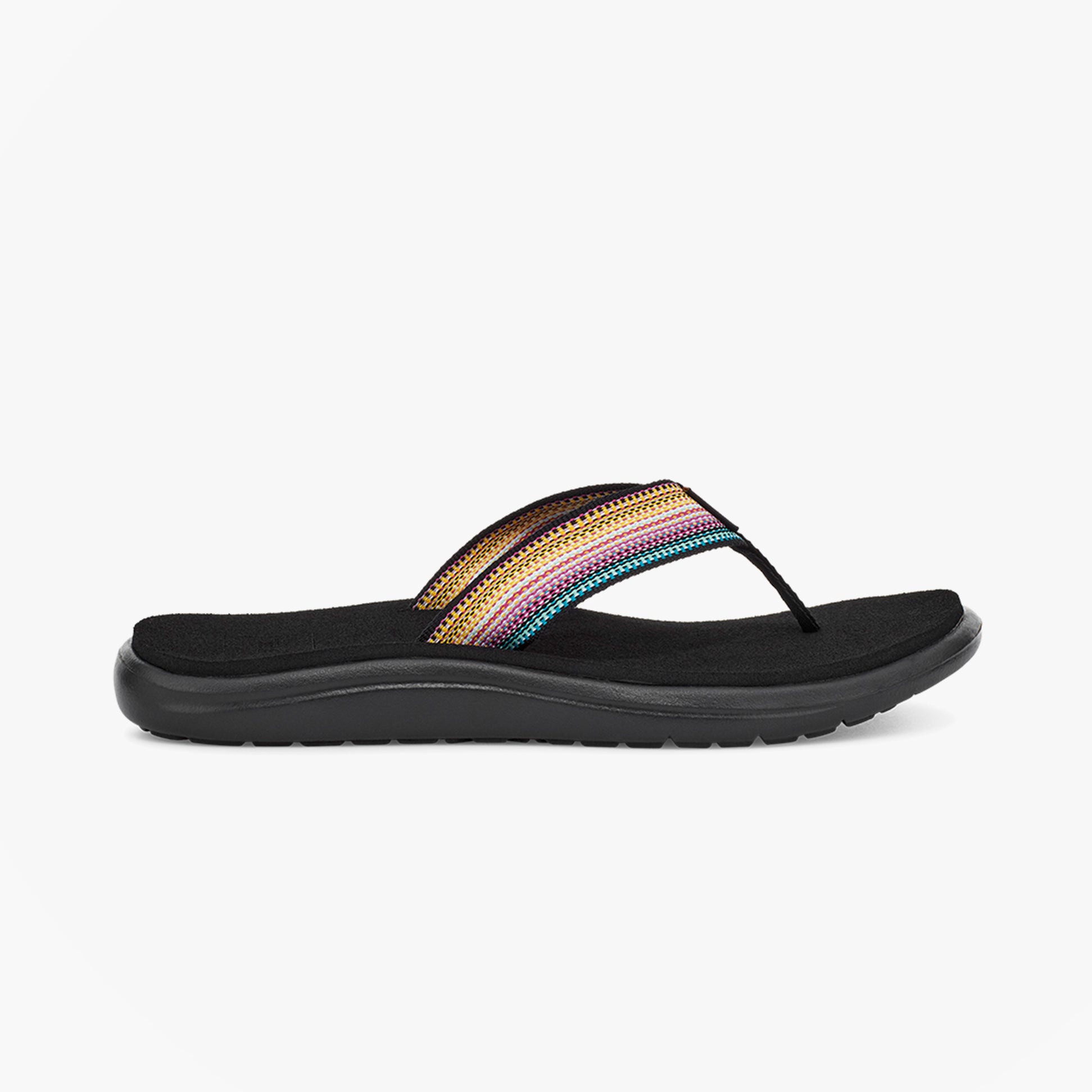 Teva VOYA FLIP Womens Flip Flops Antiguous Black Multi side view with colorful strap detailing.