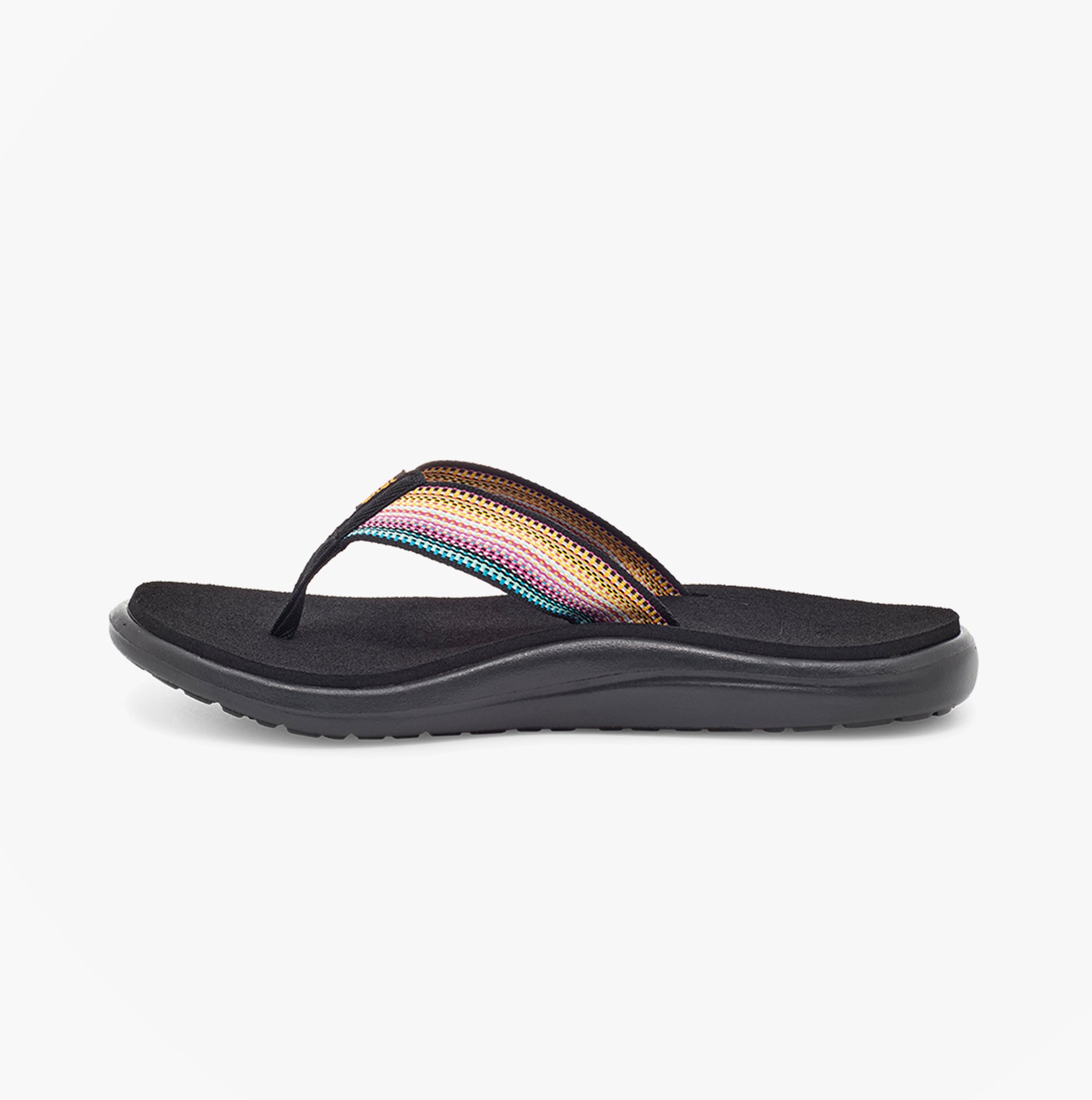 Teva VOYA FLIP Womens Flip Flops Antiguous Black Multi side view with colorful strap detailing and flat EVA sole.