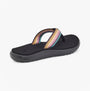 Teva VOYA FLIP Womens Flip Flops Antiguous Black Multi side view showing colorful strap and flat sole.