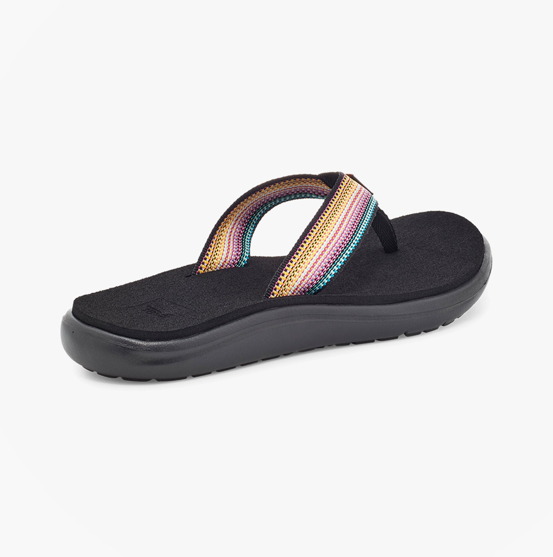 Teva VOYA FLIP Womens Flip Flops Antiguous Black Multi side view showing colorful strap and flat sole.