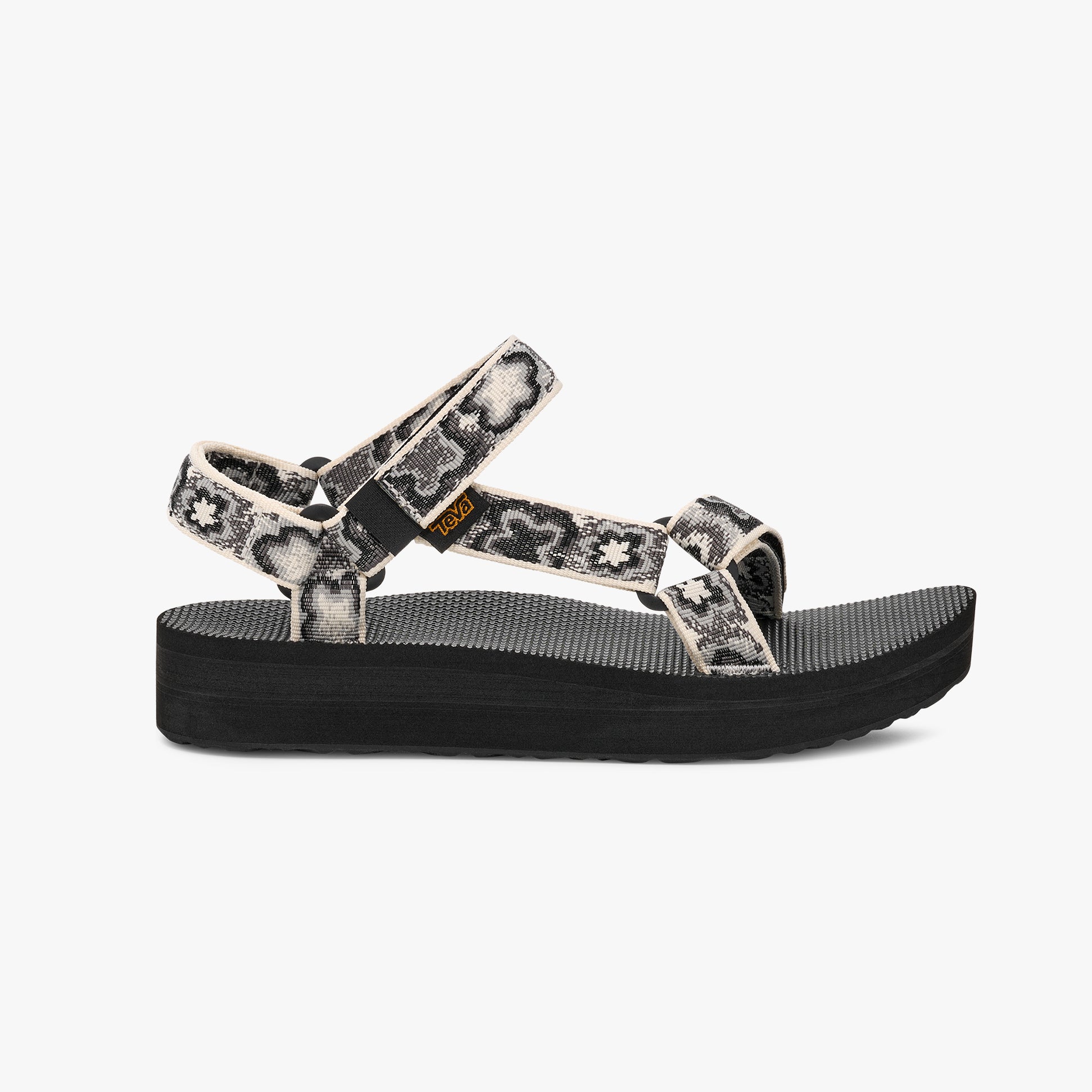Teva MIDFORM UNIVERSAL Womens Sandals Neon Floral Black/ White side view showing strap design and platform sole.